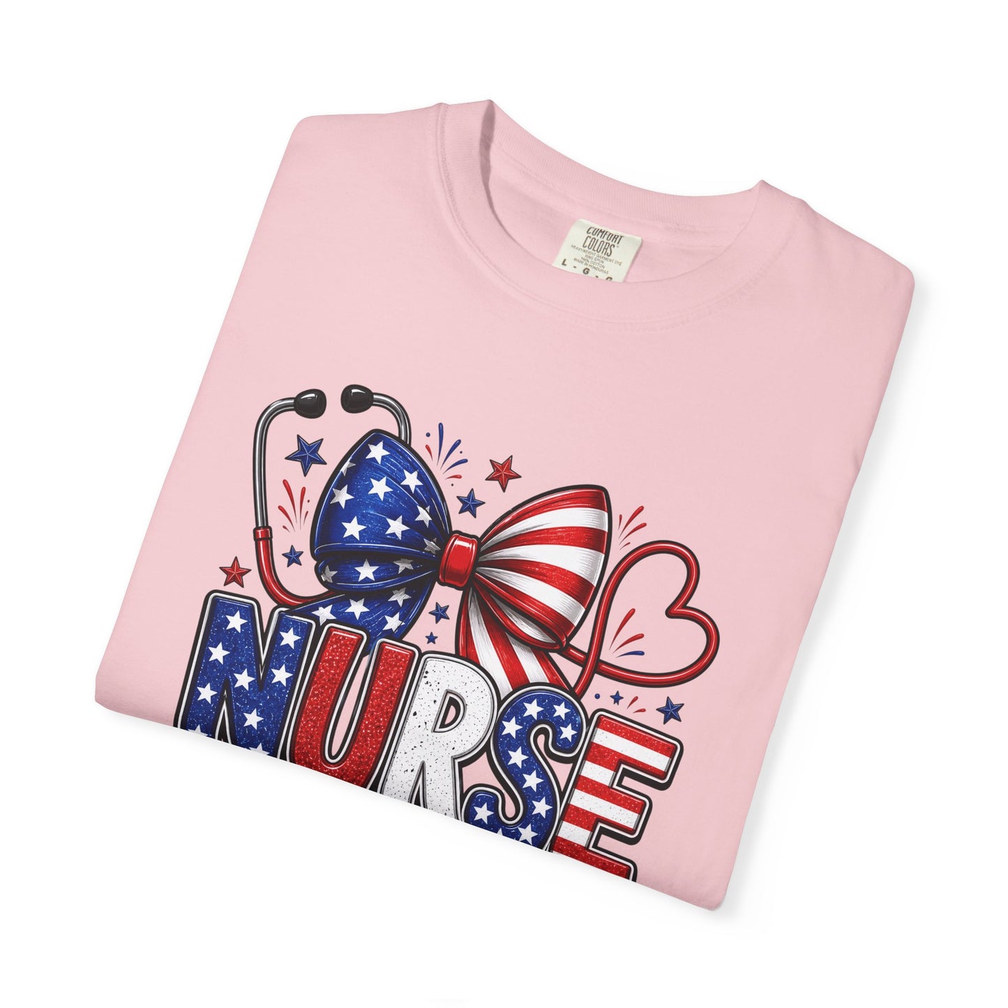 COMFORT COLORS - American Flag Nurse T-Shirt – Patriotic Stethoscope & Bow Healthcare Tee