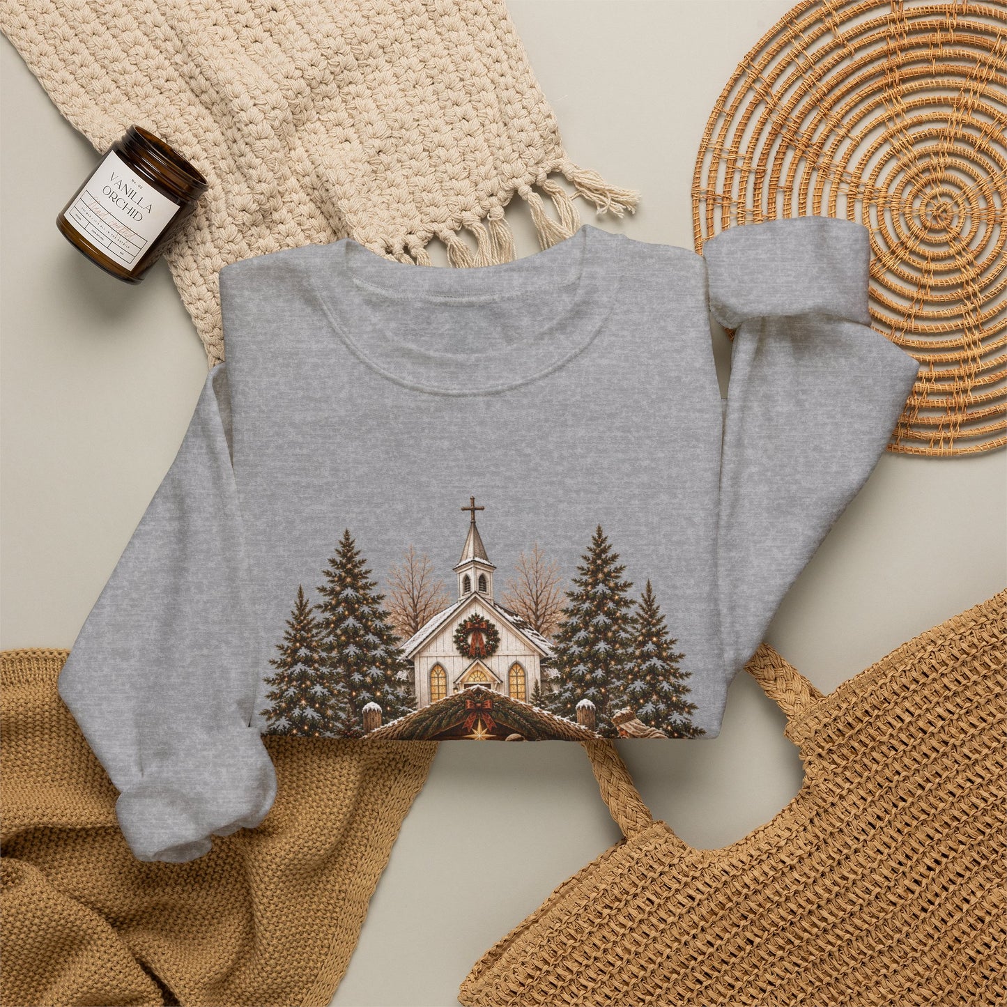 GILDAN - Nativity Scene Crewneck Sweatshirt - "Come Let Us Adore Him" Christmas Pullover