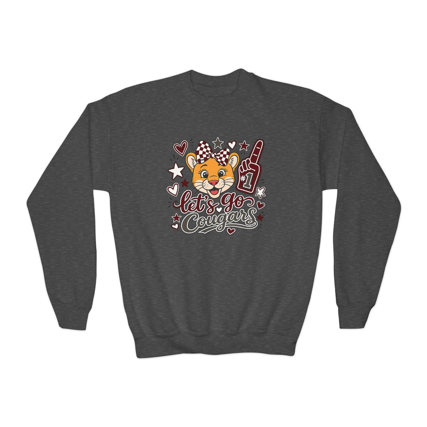 GILDAN - Youth Crewneck Sweatshirt — Cheerleader Tiger Mascot "Let's Go Cougars"