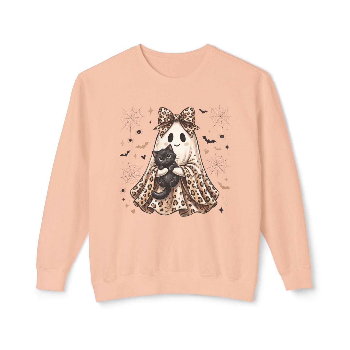 COMFORT COLORS - Leopard Bow Ghost Sweatshirt — Cute Halloween Ghost Holding Black Cat