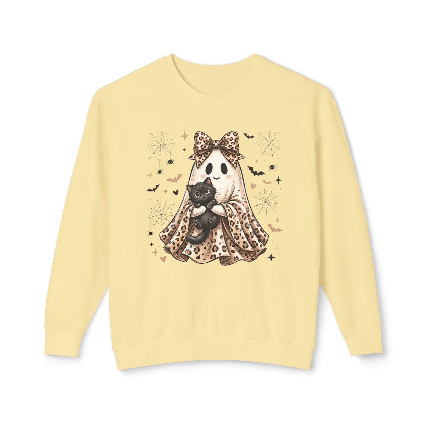 COMFORT COLORS - Leopard Bow Ghost Sweatshirt — Cute Halloween Ghost Holding Black Cat