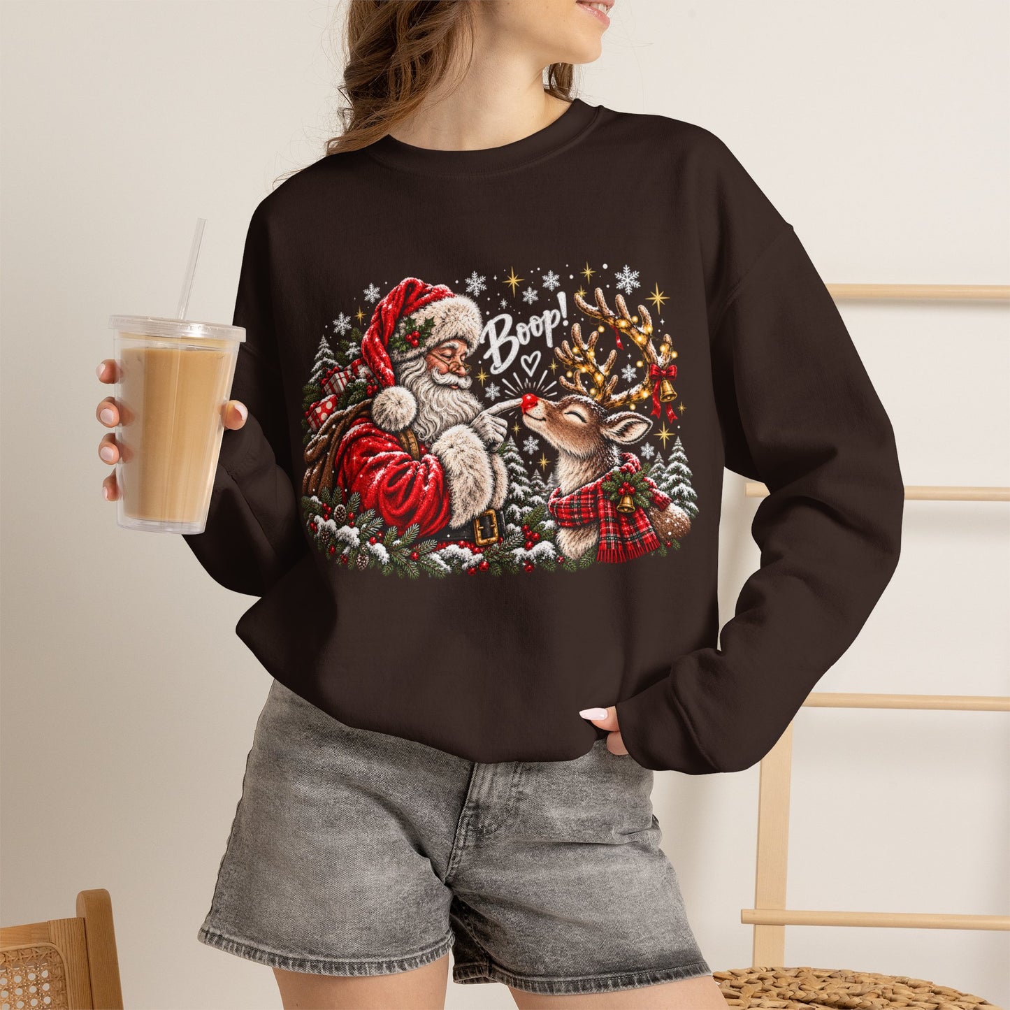GILDAN - Christmas Santa and Reindeer Crewneck Sweatshirt