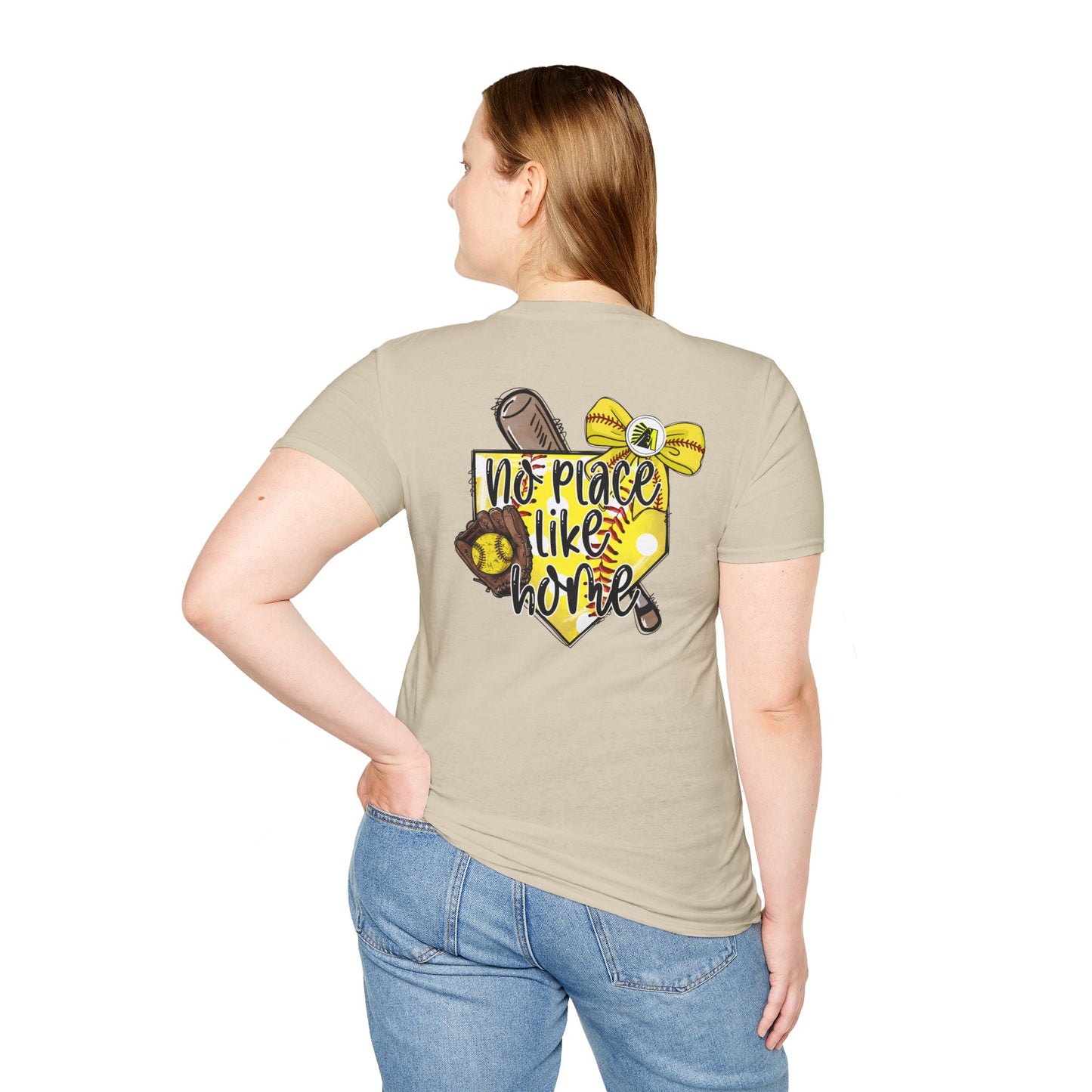 Softball T-Shirt — "No Place Like Home" Yellow Glove & Bat Design