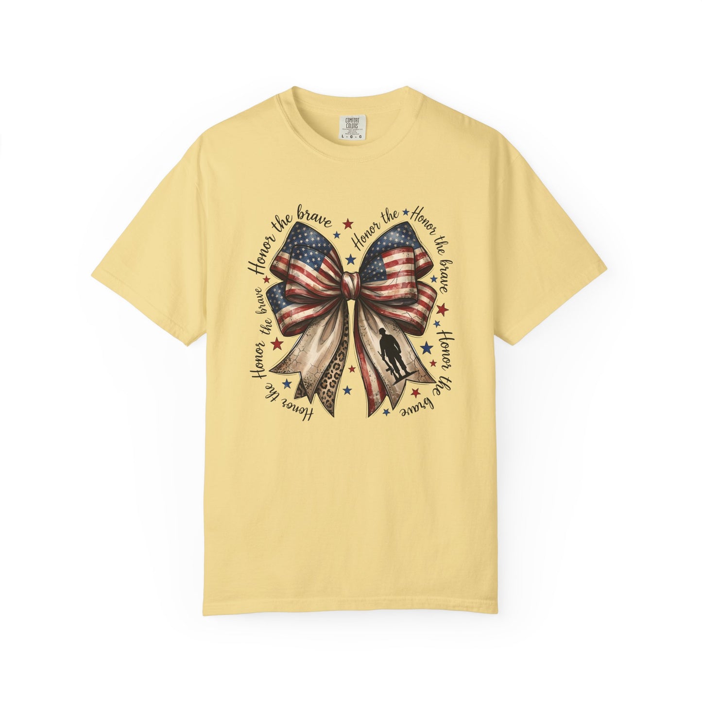 COMFORT COLORS - Patriotic American Flag Bow T-Shirt — "Home of the Brave" Fourth of July Tee