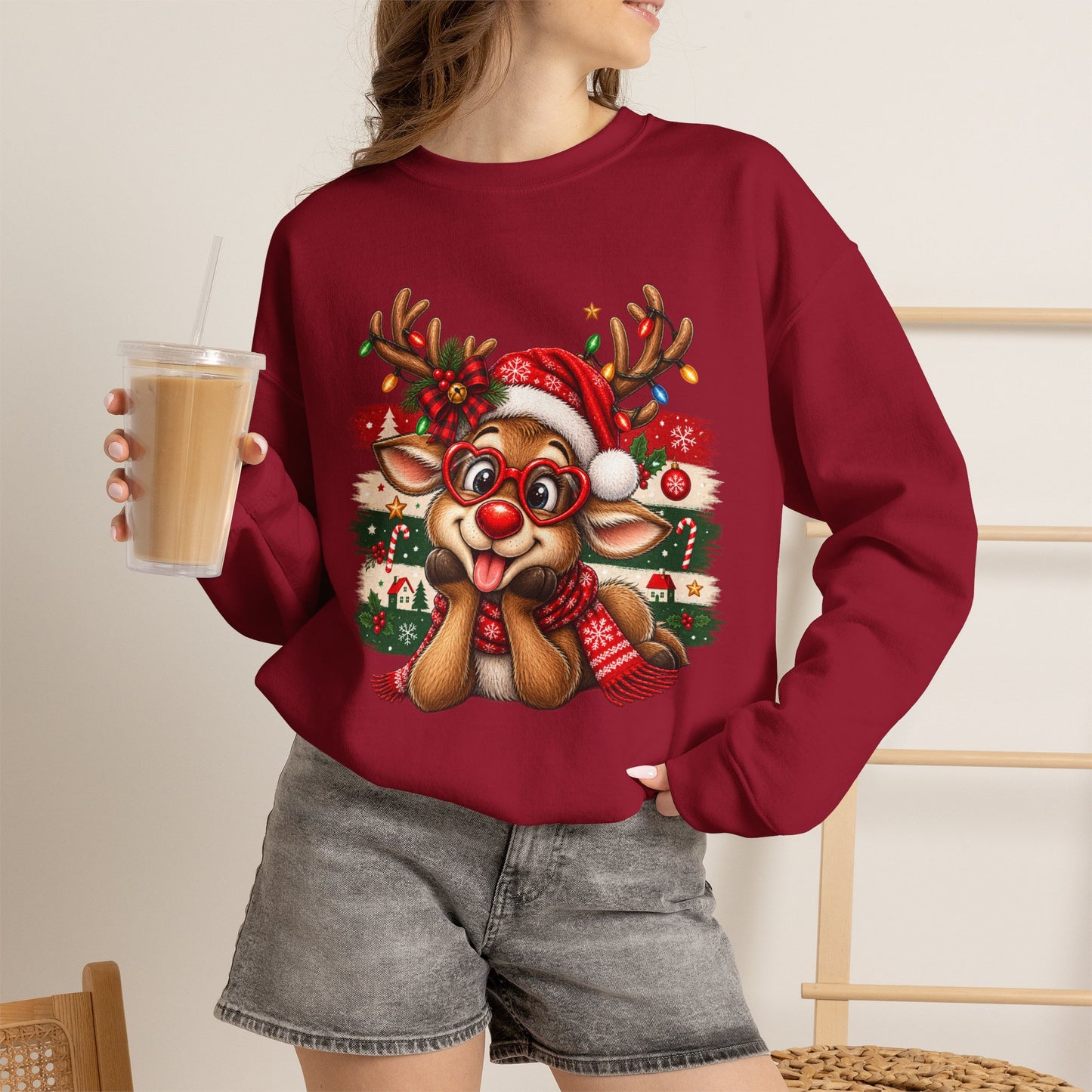 GILDAN - Cute Christmas Reindeer Crewneck Sweatshirt