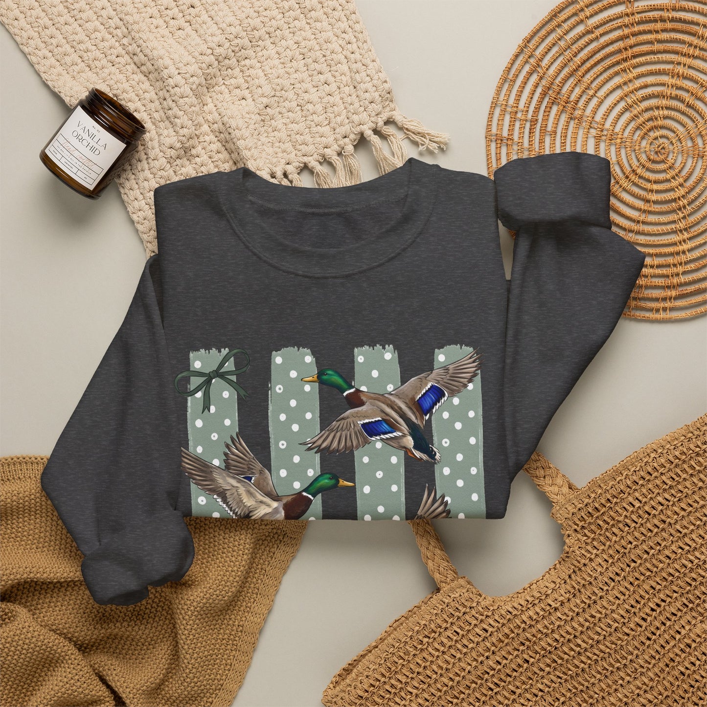 GILDAN - Mallard Duck Crewneck Sweatshirt — Polka Dot Stripe Waterfowl Graphic