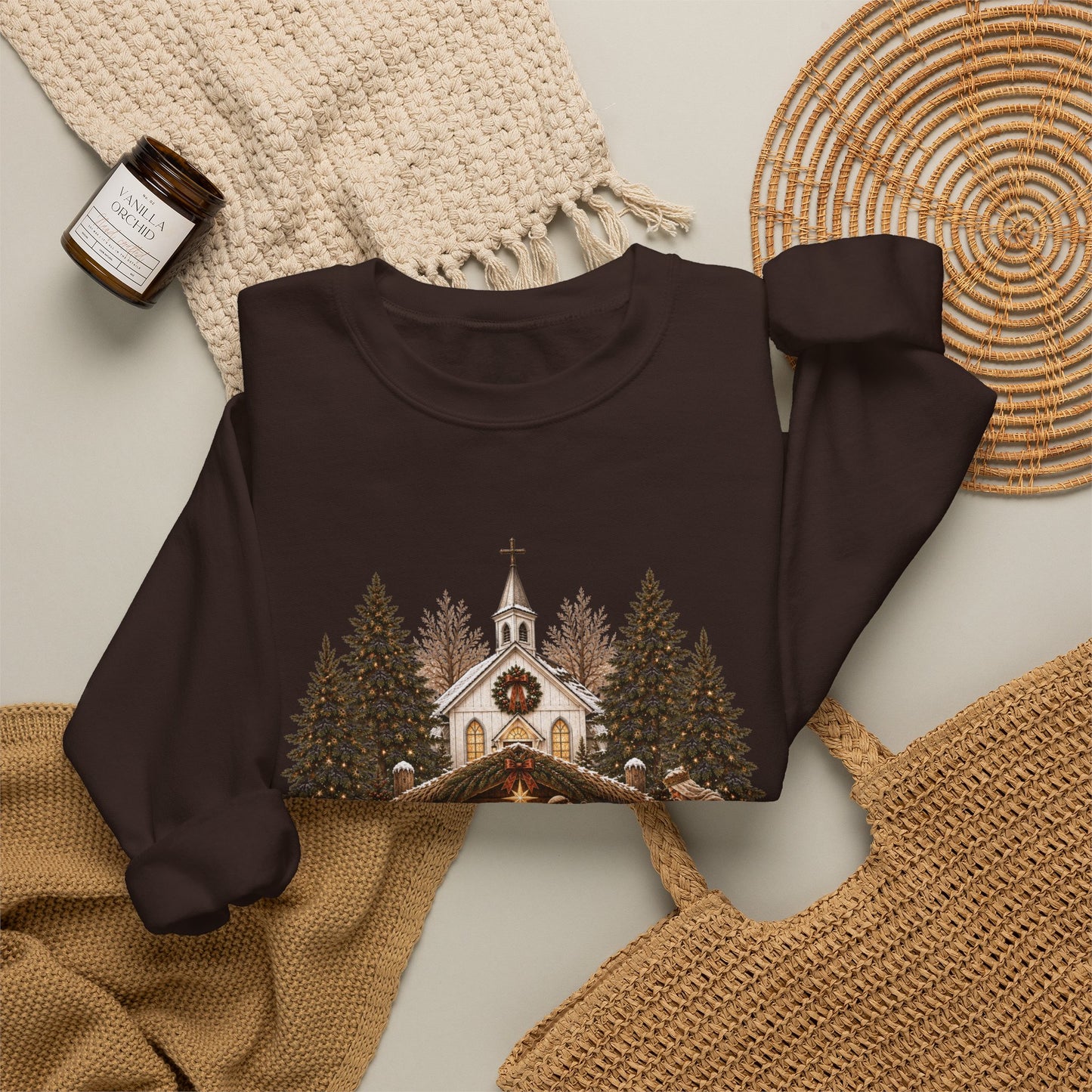 GILDAN - Nativity Scene Crewneck Sweatshirt - "Come Let Us Adore Him" Christmas Pullover