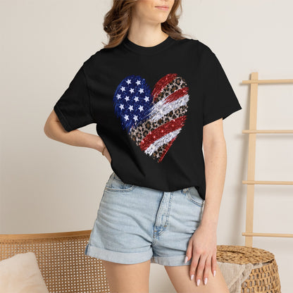 COMFORT COLORS - Patriotic Leopard Flag Heart T-Shirt — American Flag Heart Graphic Tee