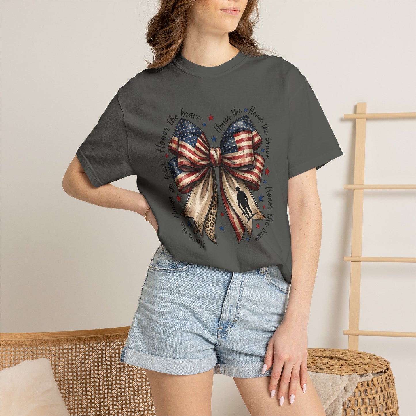 COMFORT COLORS - Patriotic American Flag Bow T-Shirt — "Home of the Brave" Fourth of July Tee