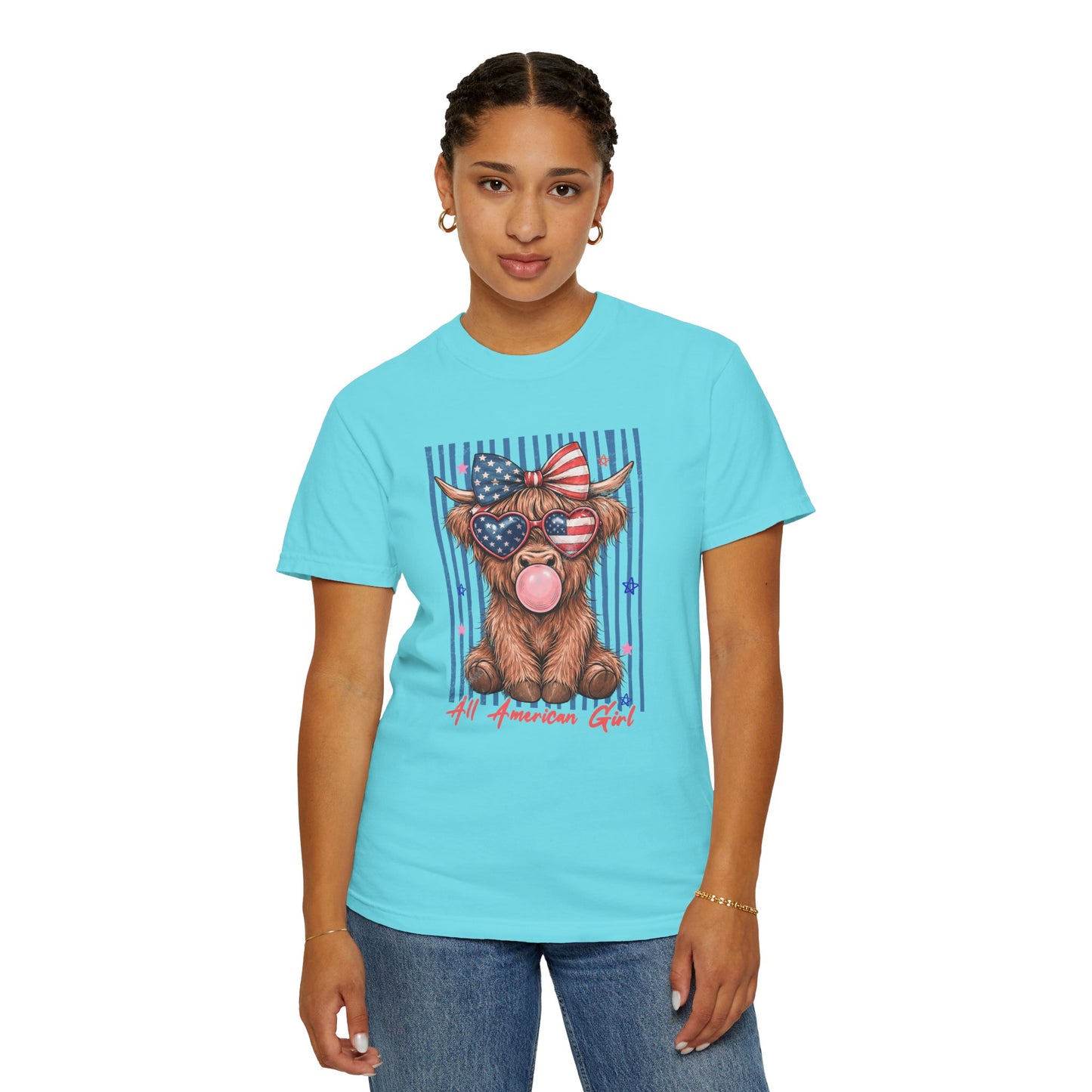 COMFORT COLORS - All American Girl T-Shirt — Patriotic Cow Pup Graphic Tee