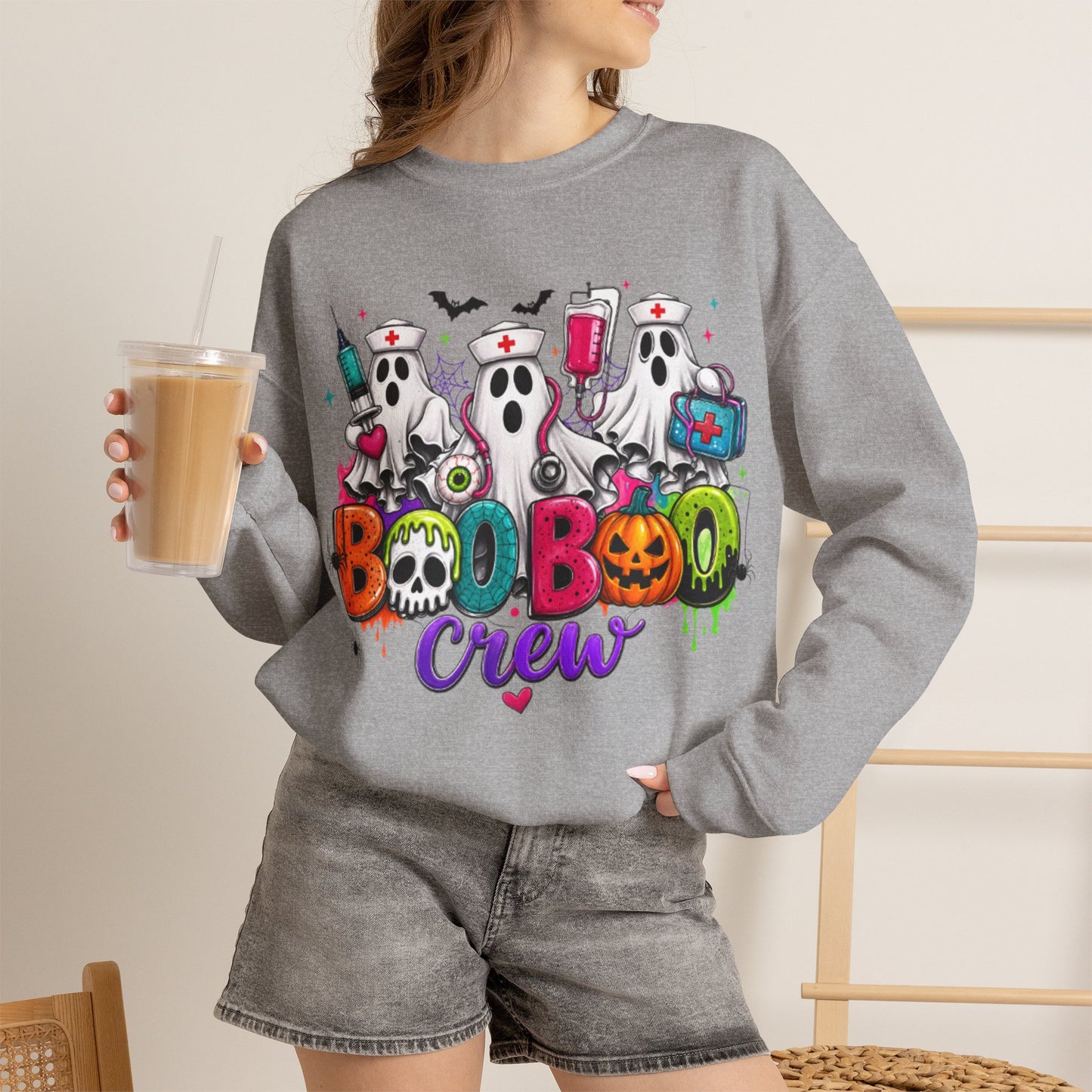 GILDAN - Boo Boo Crew Sweatshirt — Cute Nurse Ghosts Halloween Crewneck