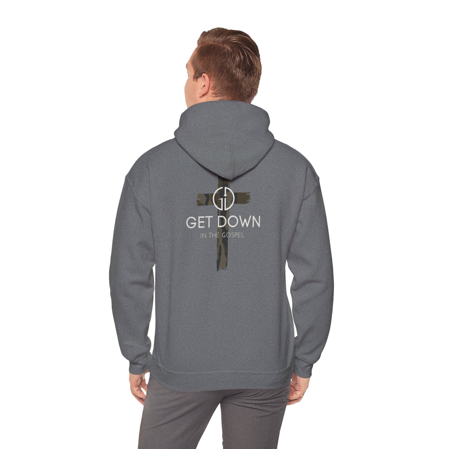 GET DOWN IN THE GOSPEL ADULT HOODIE GREEN CAMO CROSS