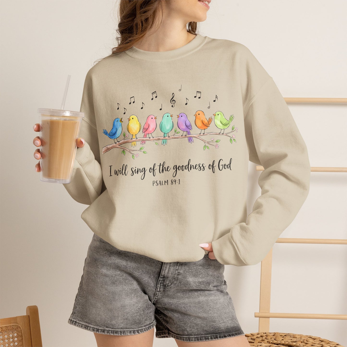 GILDAN - Psalm 89:1 Birds Crewneck Sweatshirt — I Will Sing of the Goodness of God Christian Sweatshirt