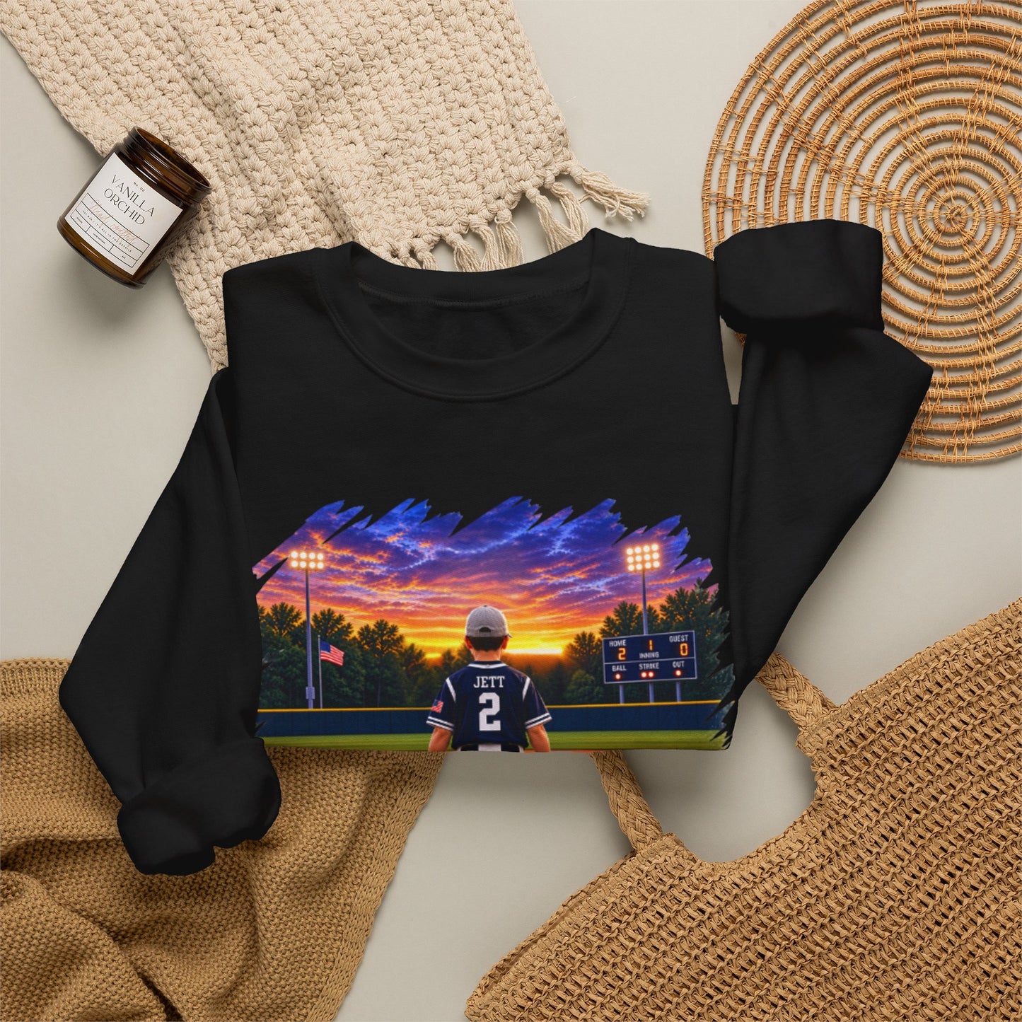 *** SPECIAL REQUEST - MORGAN JETT - GILDAN - Baseball Player Sunset Crewneck Sweatshirt — "Go Jack!" Team Spirit Crew
