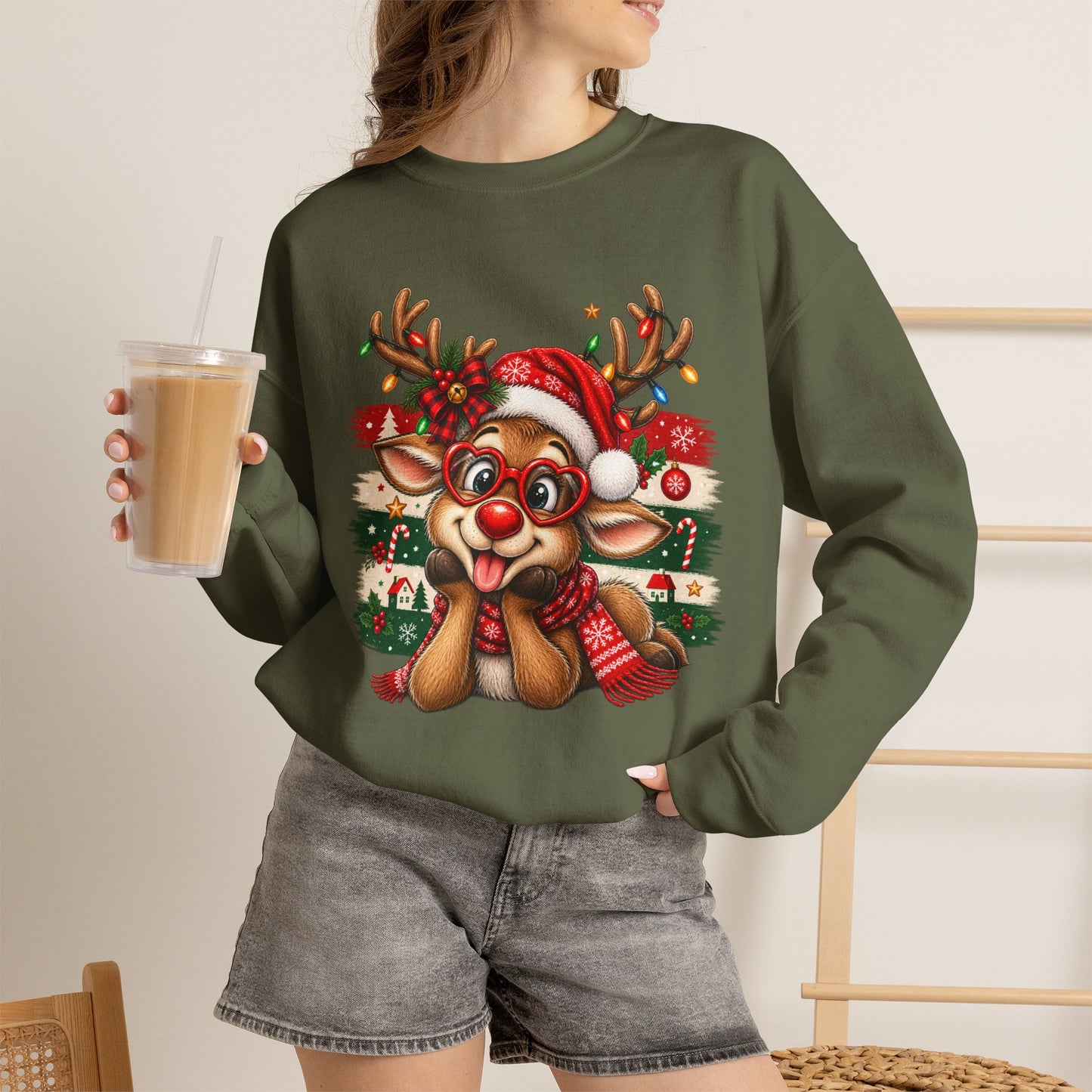 GILDAN - Cute Christmas Reindeer Crewneck Sweatshirt