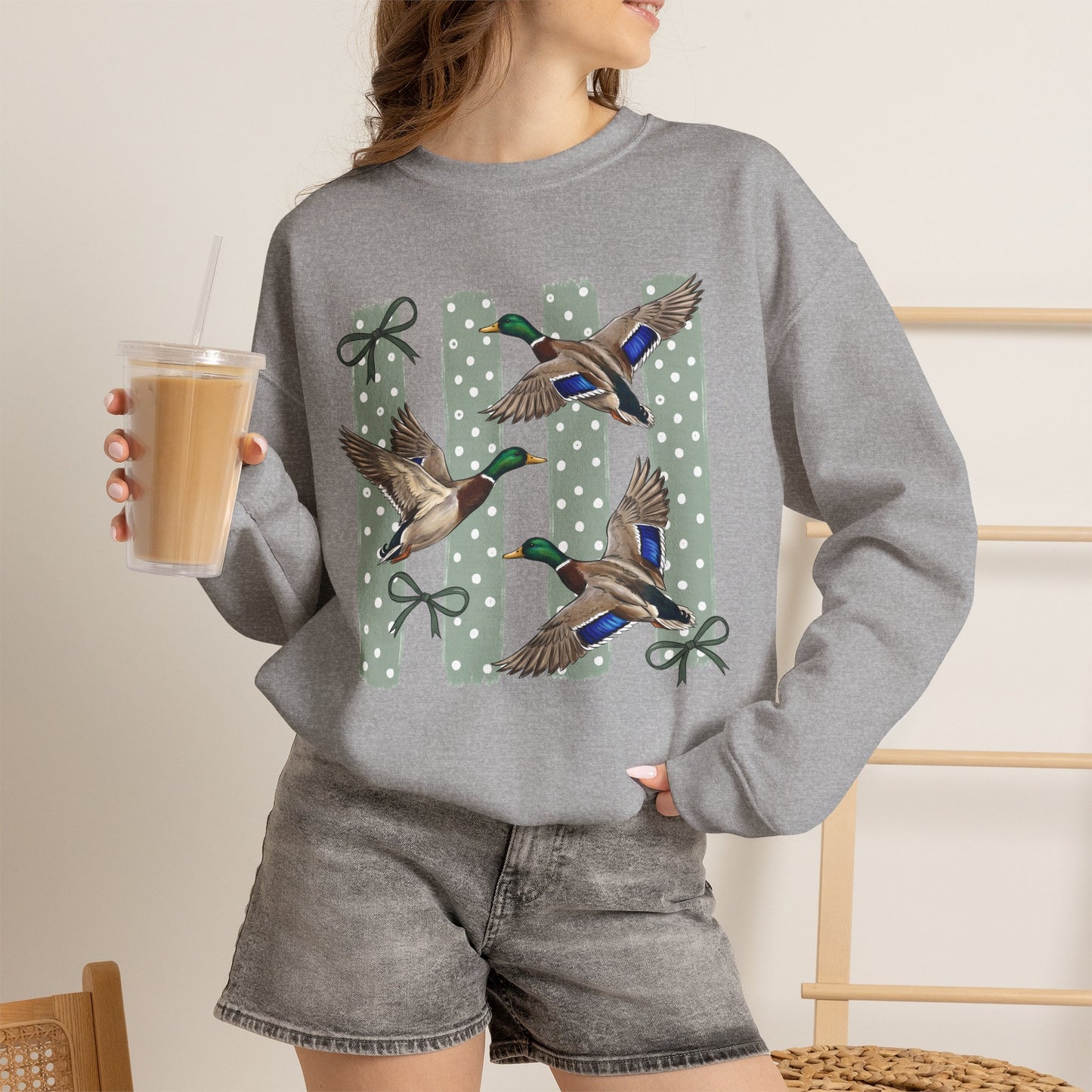 GILDAN - Mallard Duck Crewneck Sweatshirt — Polka Dot Stripe Waterfowl Graphic