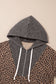 Khaki Ribbed Leopard Print Contrast Collar Zip Hooded Pullover Sweatshirt