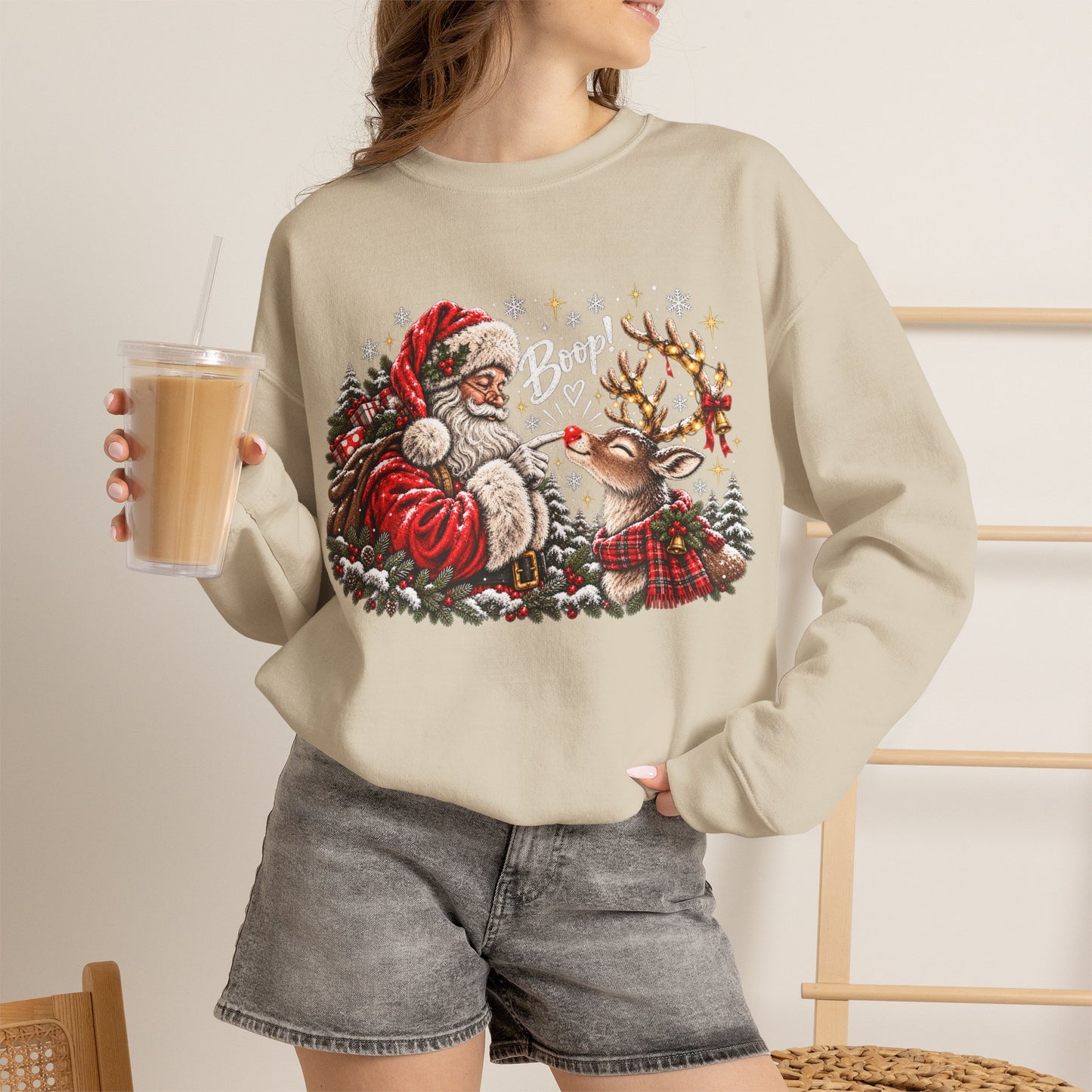 GILDAN - Christmas Santa and Reindeer Crewneck Sweatshirt
