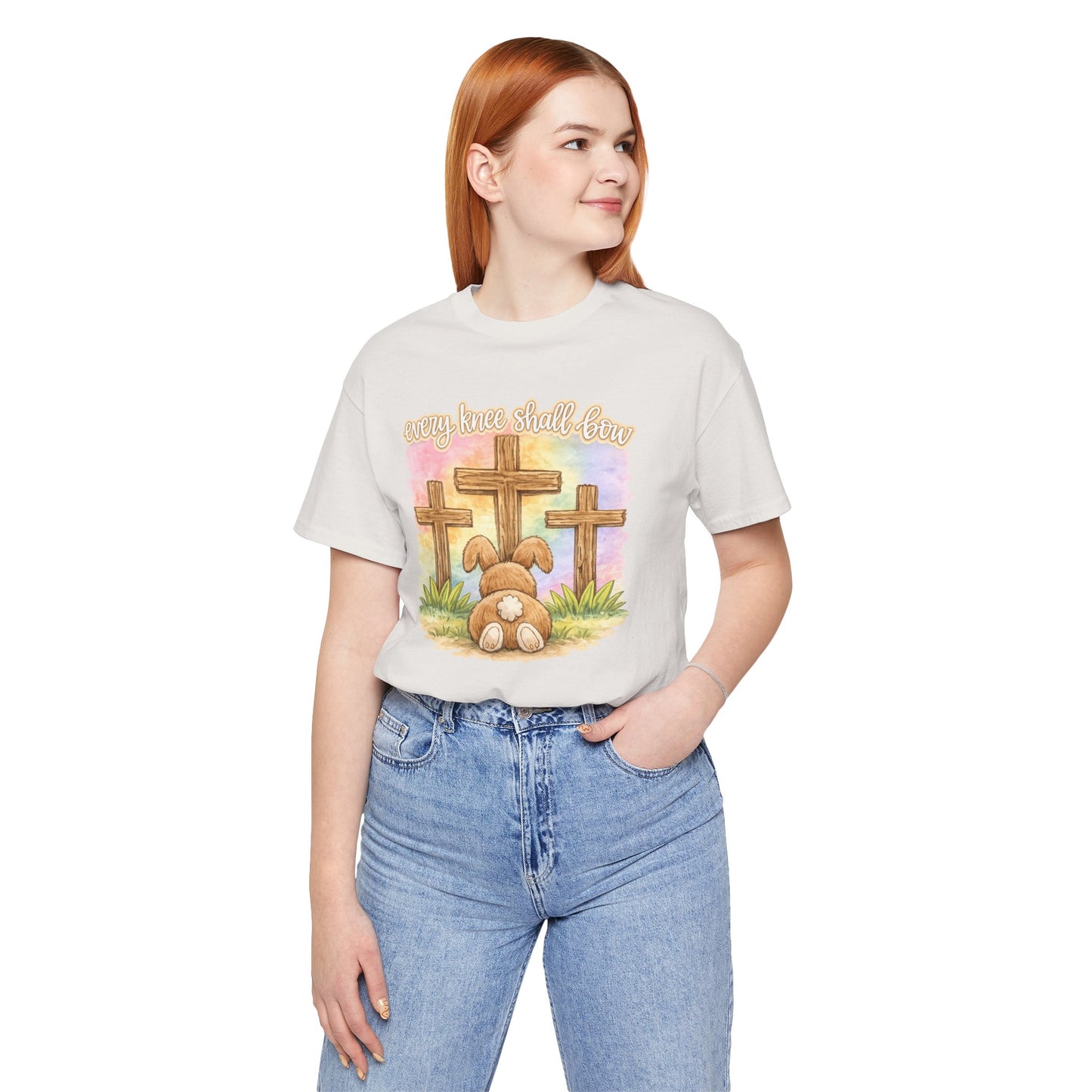 BELLA  CANVAS - Easter Bunny Kneeling at Crosses T‑Shirt — Christian Easter Faith Tee