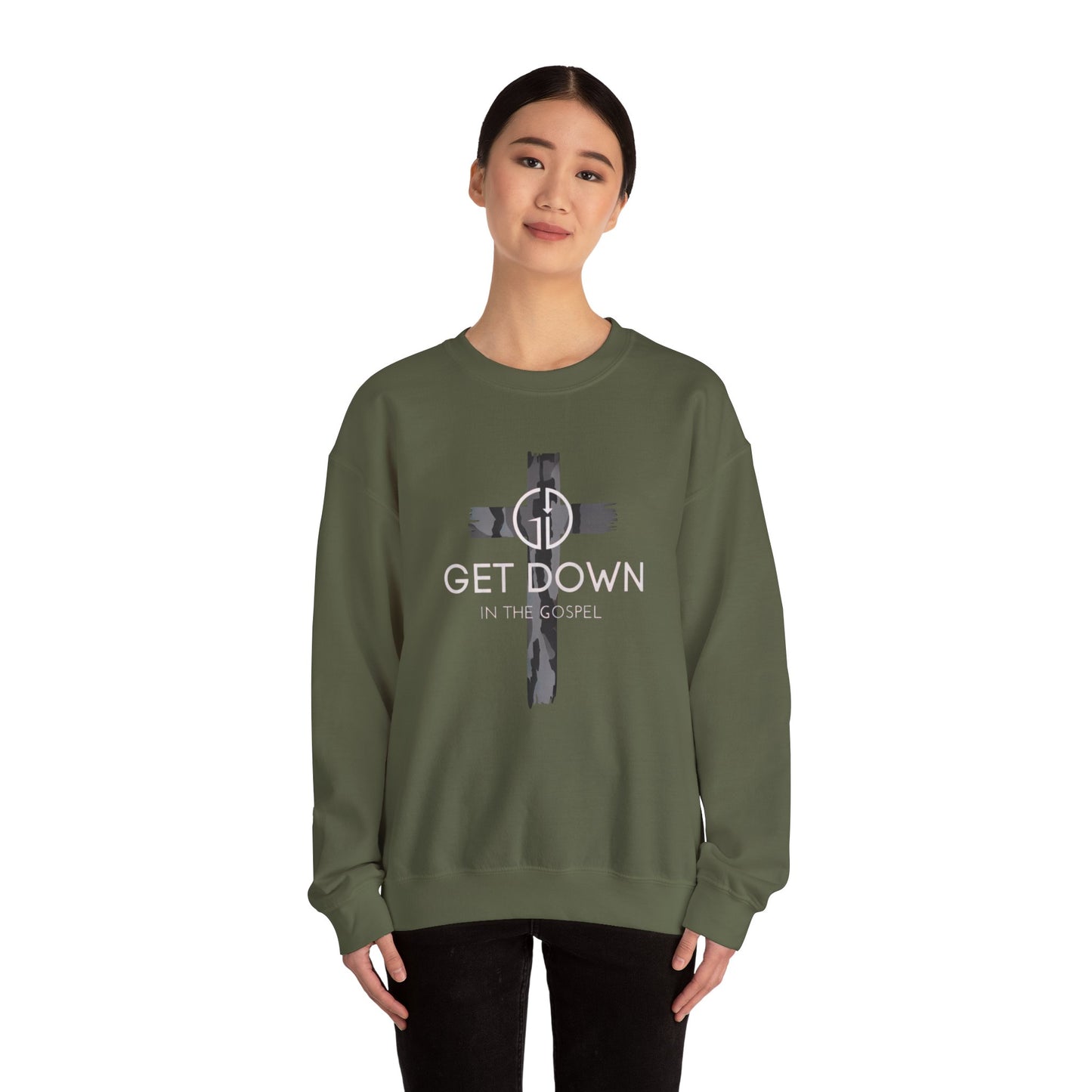 GET DOWN IN THE GOSPEL ADULT SWEATSHIRT GRAY CAMO CROSS