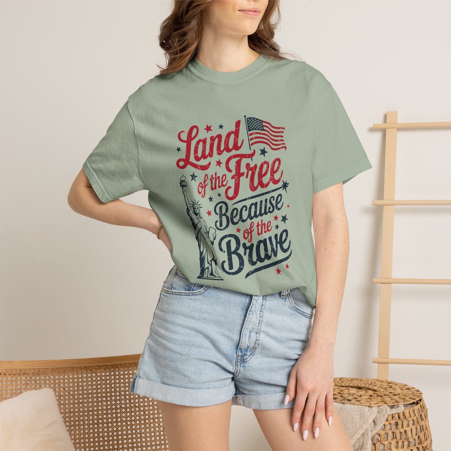 COMFORT COLORS - Land of the Free Because of the Brave T-Shirt — Patriotic Statue of Liberty Graphic Tee