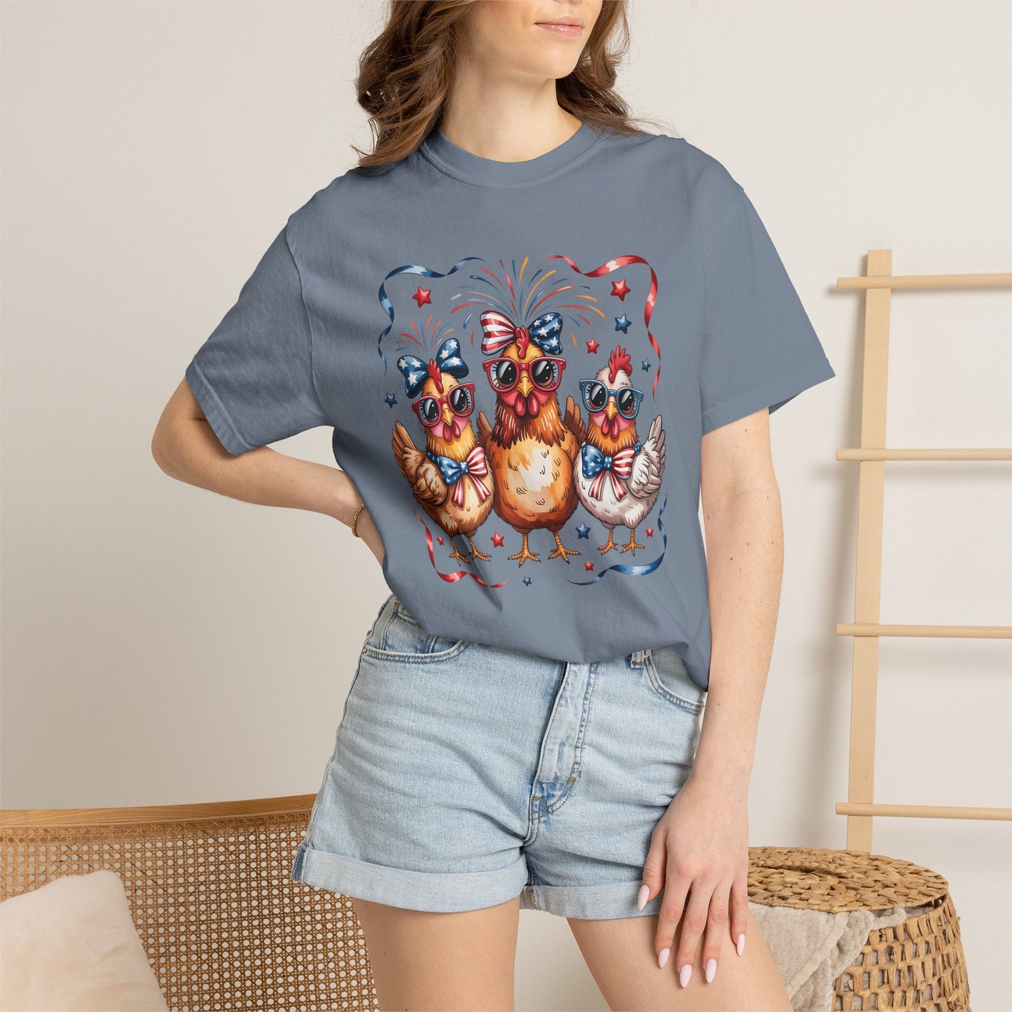 COMFORT COLORS - Patriotic Chickens T-Shirt — 4th of July Farm Animal Graphic Tee