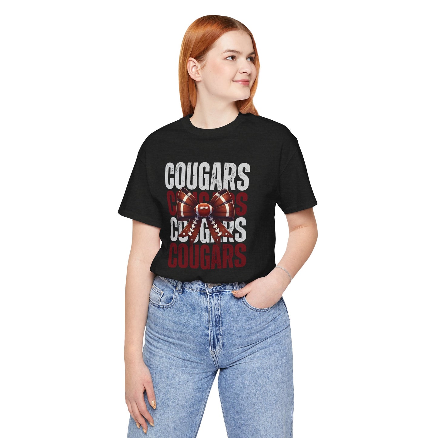 BELLA CANVAS - Cougars Football Tee – Vintage Stacked Design with Football Bow