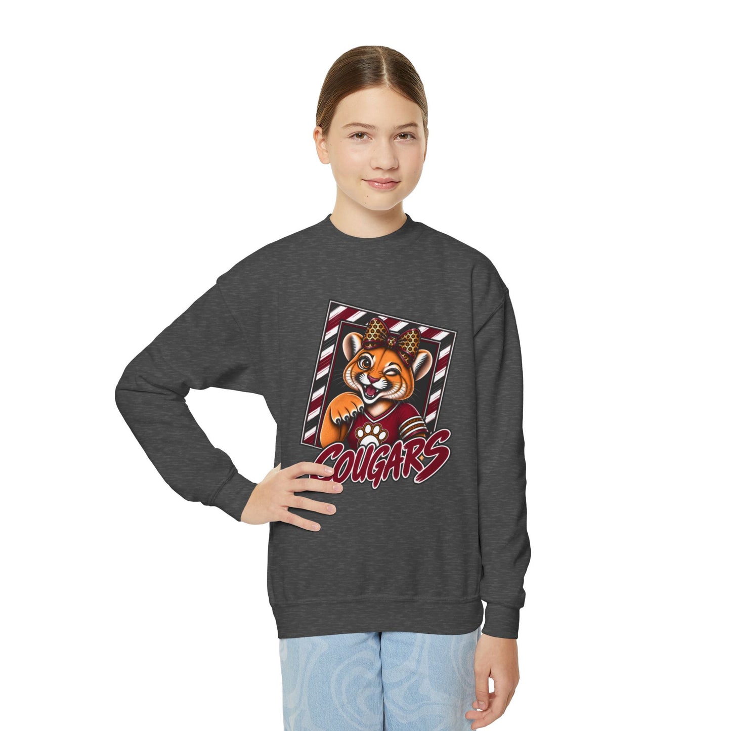 GILDAN - Cougars Youth Crewneck Sweatshirt — Cute Mascot Cougar Kid’s School Spirit Pullover