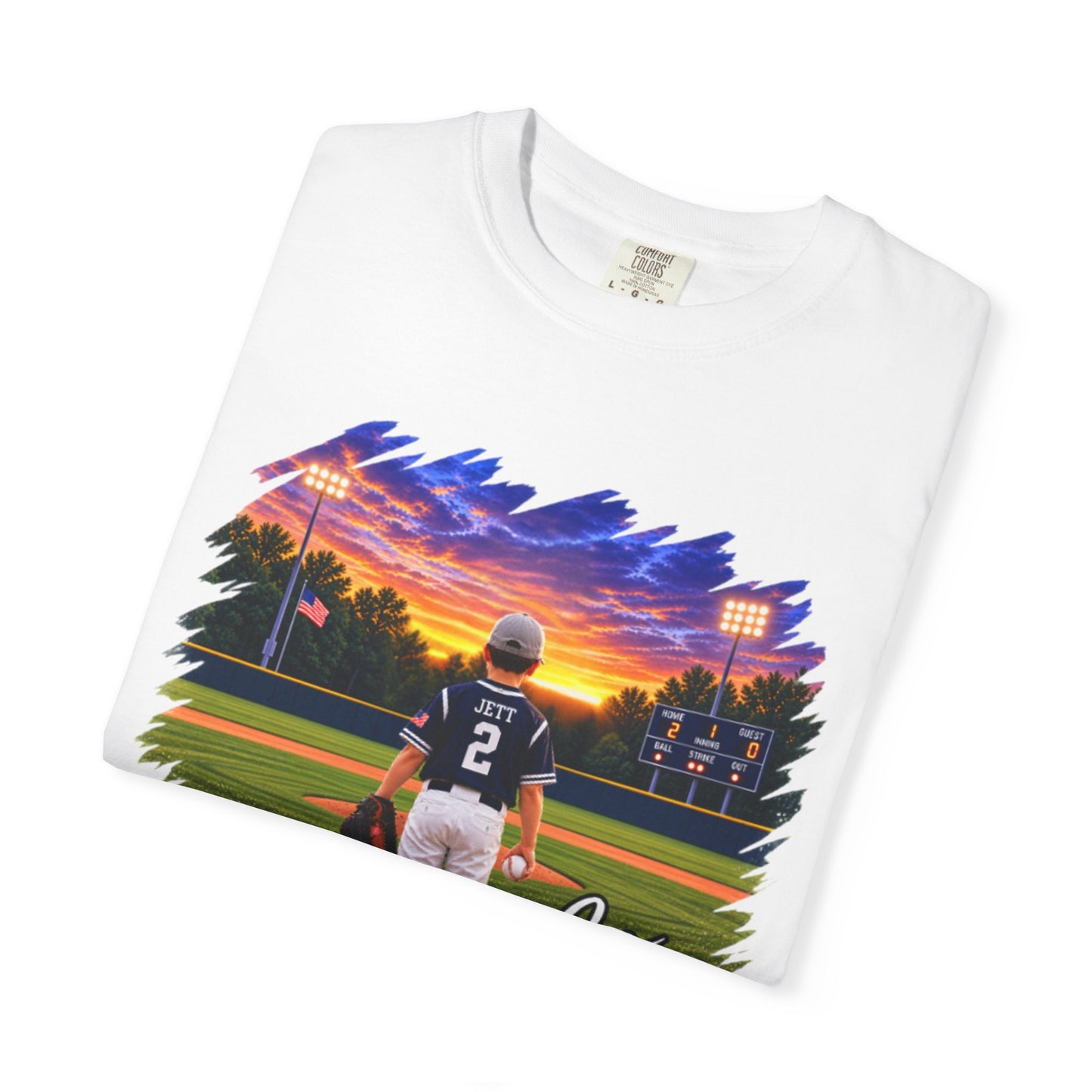 *** SPECIAL REQUESTS - MORGAN JETT - COMFORT COLORS - Baseball Player Sunset T-Shirt — "Go Jack" Personalized Team Tee
