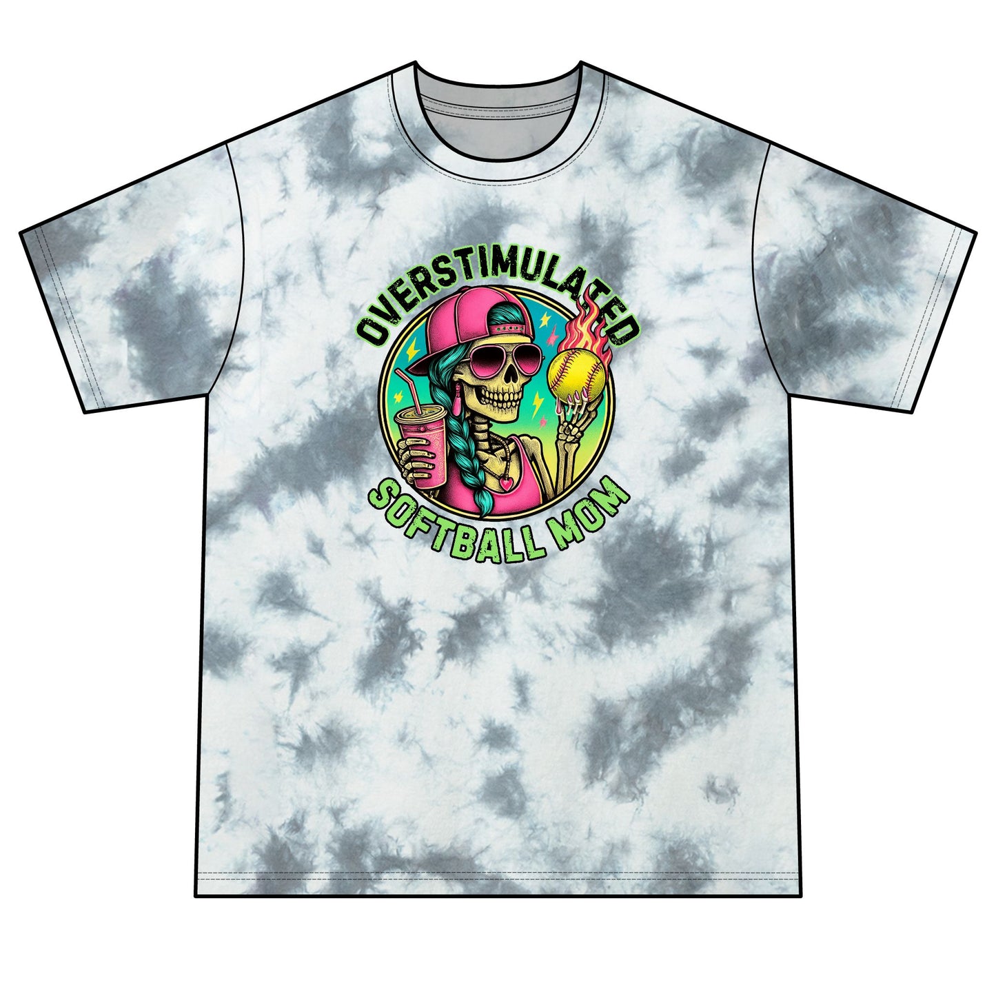 Overstimulated Softball Mom Tie-Dye Tee — Neon Crystal Green