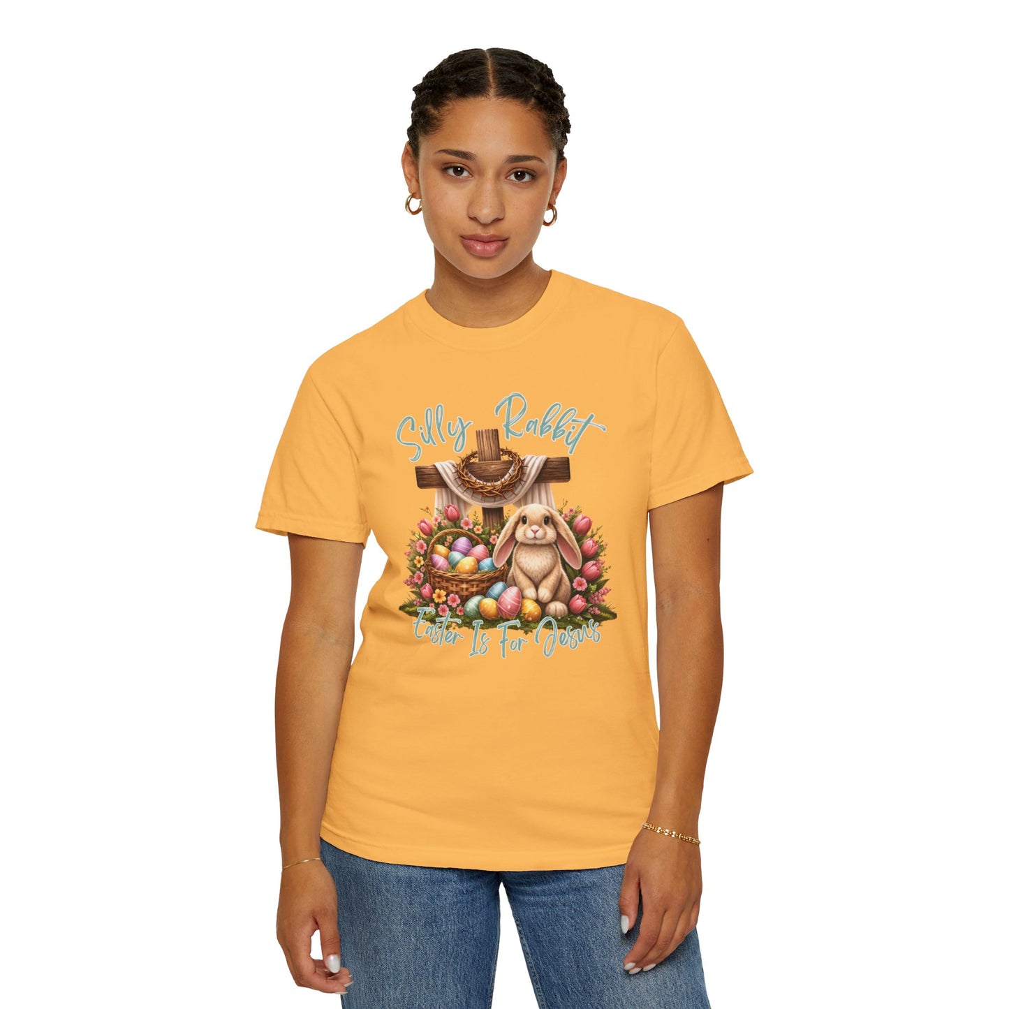 COMFORT COLORS -  Silly Rabbit Easter Bunny T-shirt | Pastel Eggs, Basket, Cross Back Print