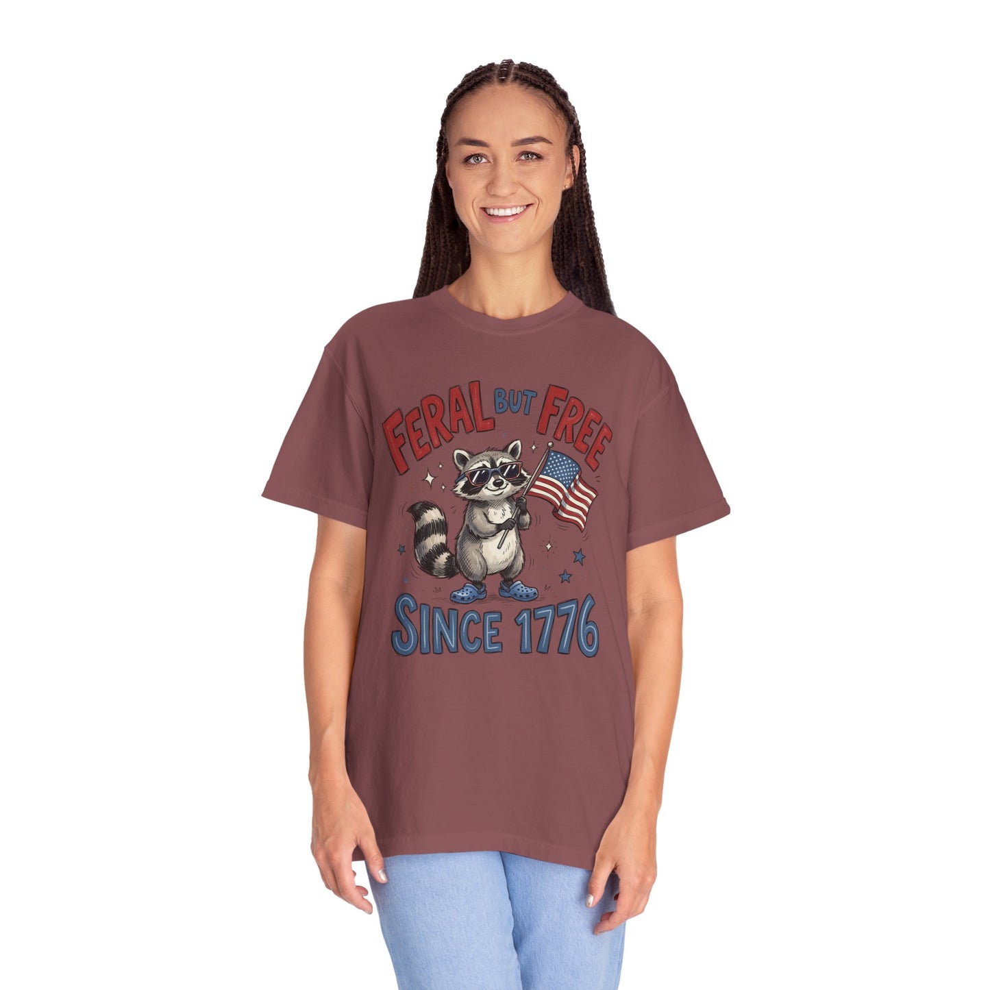 Feral But Free Since 1776 T-Shirt — Cute Raccoon American Flag Patriotic Tee