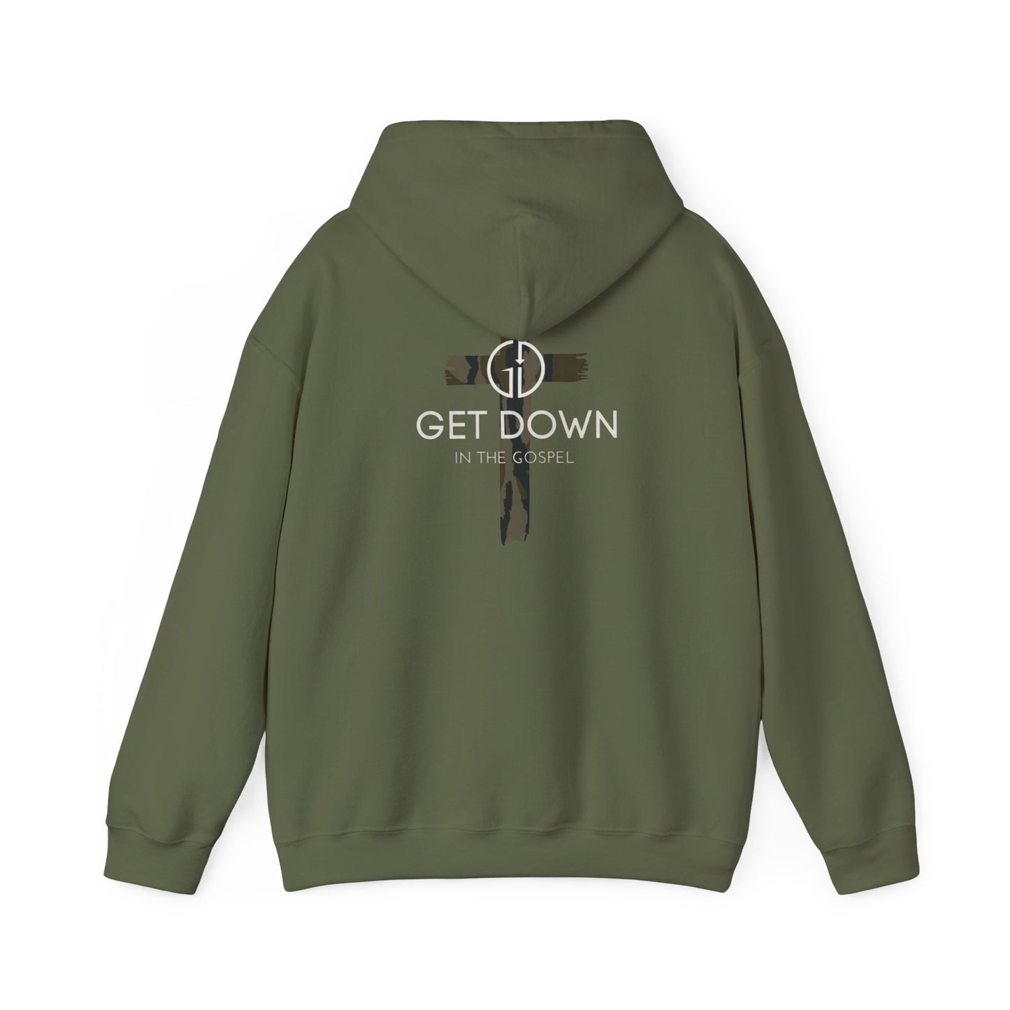 GET DOWN IN THE GOSPEL ADULT HOODIE GREEN CAMO CROSS