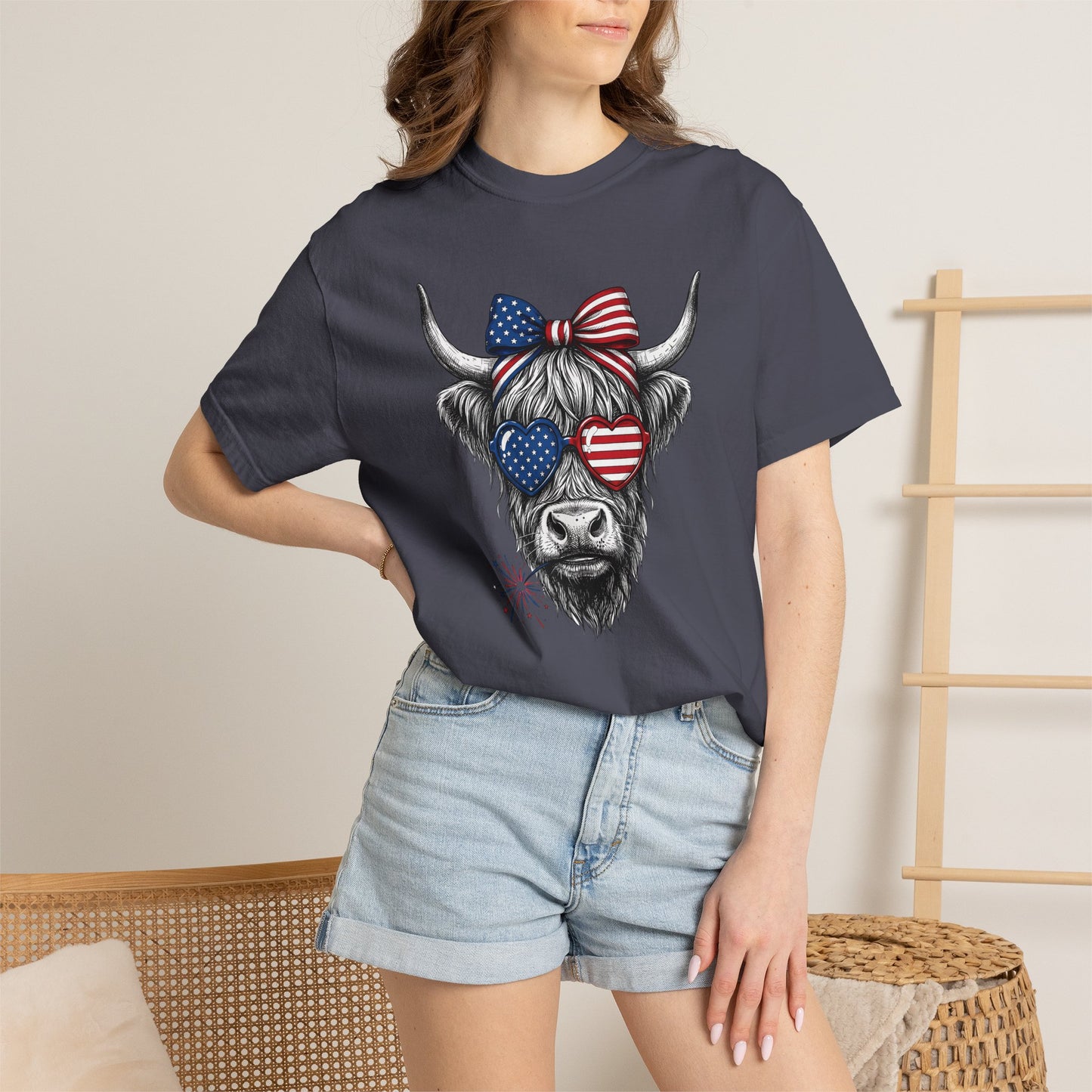 COMFORT COLORS - Patriotic Highland Cow T-Shirt — American Flag Heart Sunglasses