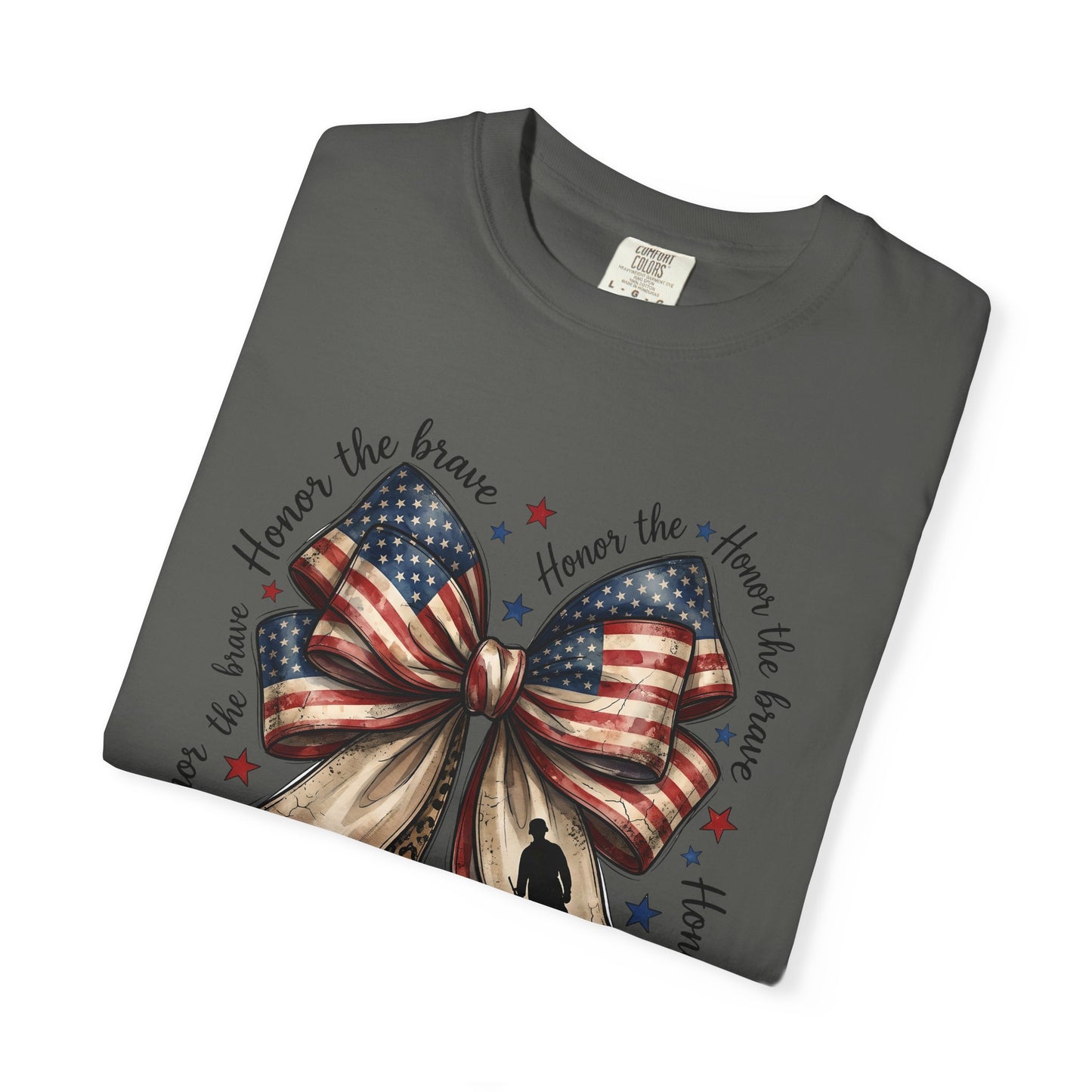 COMFORT COLORS - Patriotic American Flag Bow T-Shirt — "Home of the Brave" Fourth of July Tee