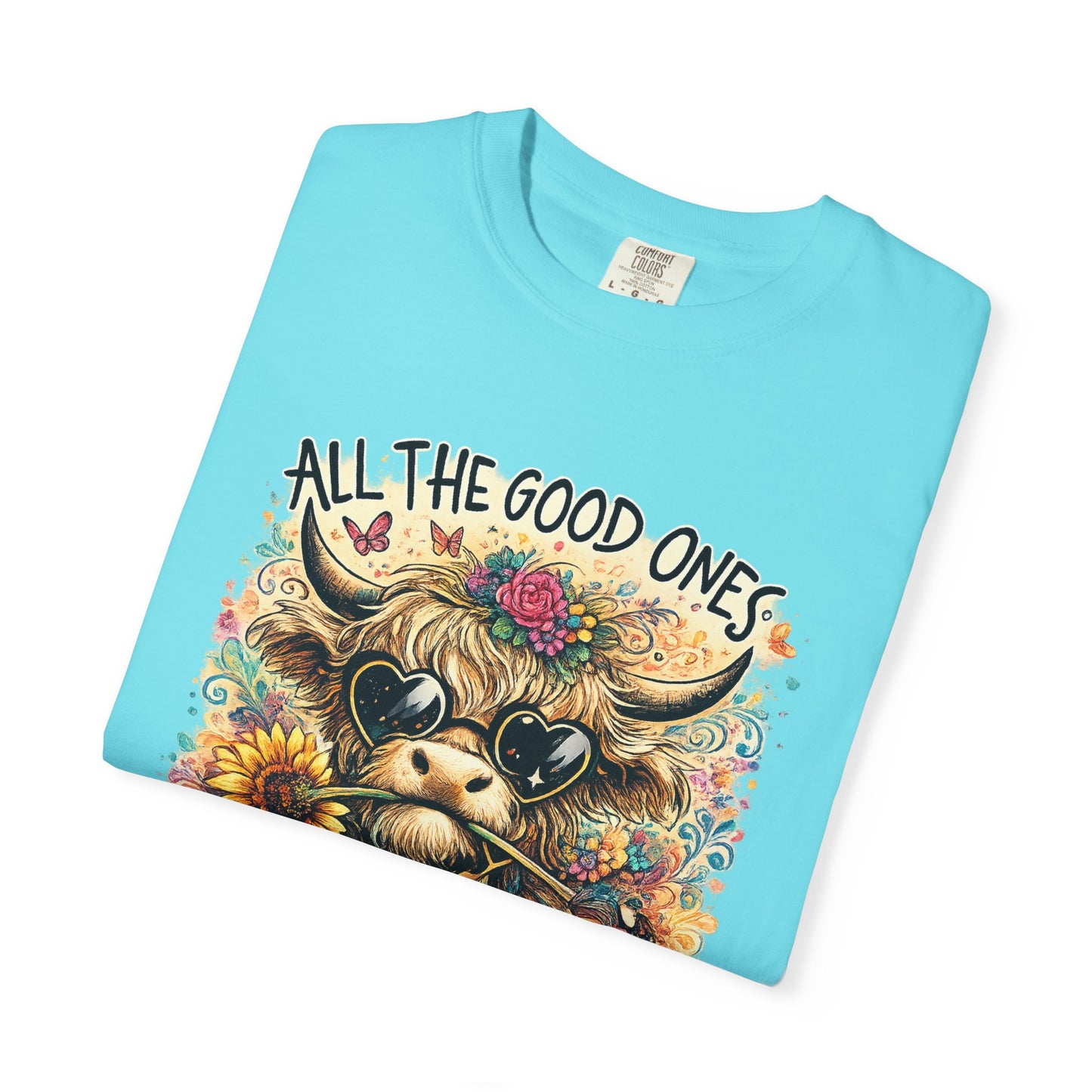 COMFORT COLORS - Cow Graphic T-Shirt — "All the Good Ones Are a Little Crazy" Floral Sunflower Design