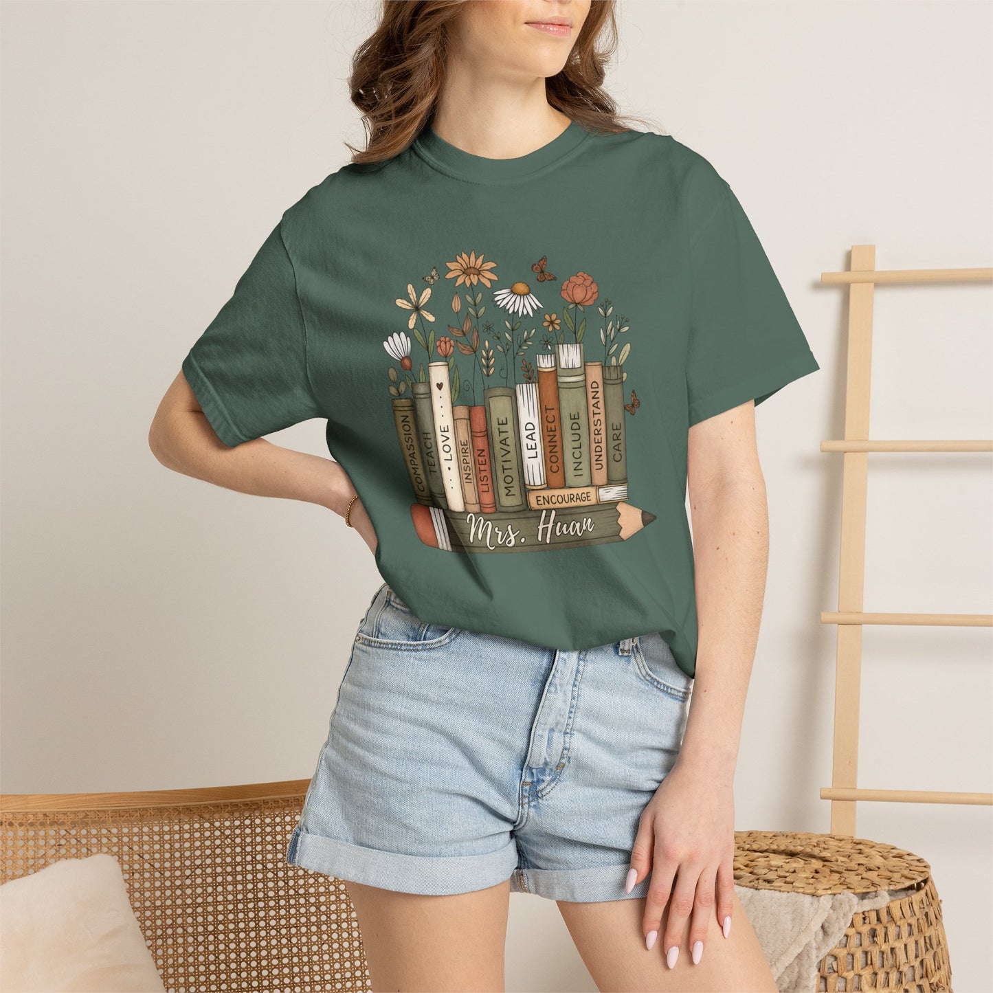 COMFORT COLORS - *** WANT TO PERSONALIZE THIS ?" - DO NOT ORDER THIS, PLEASE EMAIL ME @REFININGFAITHCOMPANY@GMAIL.COM*** Teacher Bookshelf T-Shirt – Personalized “Mrs. Hayes” Pencil & Floral Reading...