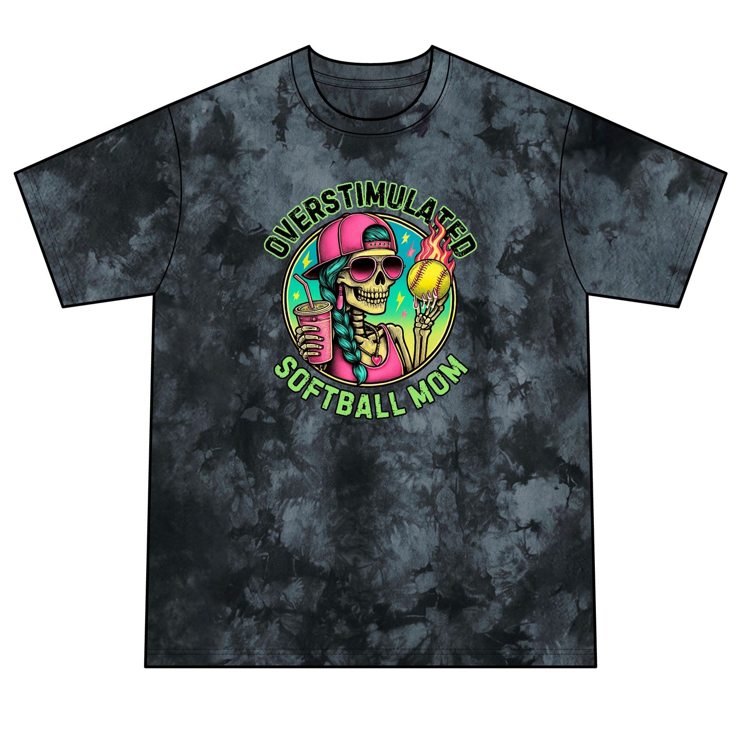 Overstimulated Softball Mom Tie-Dye Tee — Neon Crystal Green