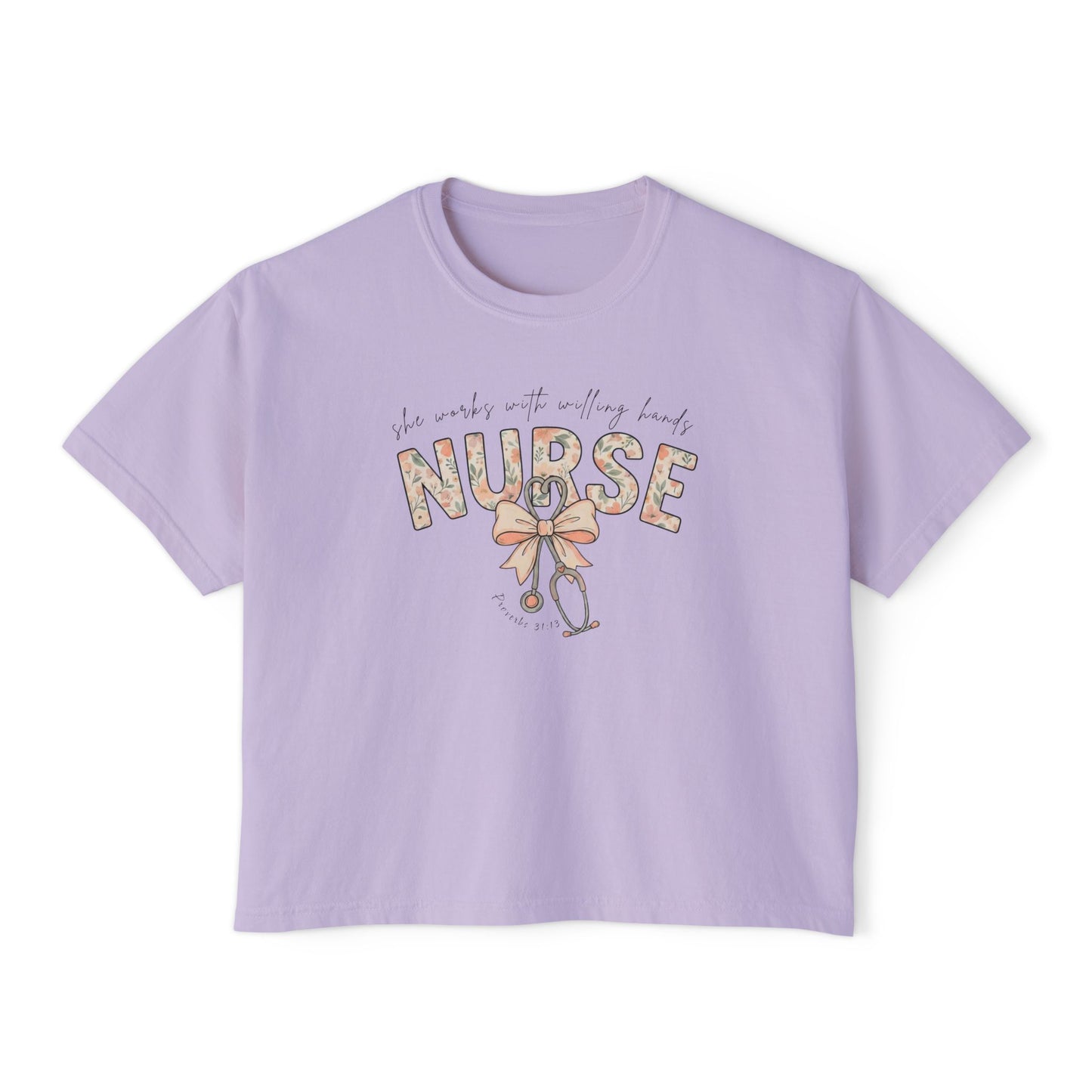 COMFORT COLOR - Nurse Boxy Tee — Floral Stethoscope Graphic for Women, "Nurse" Gift