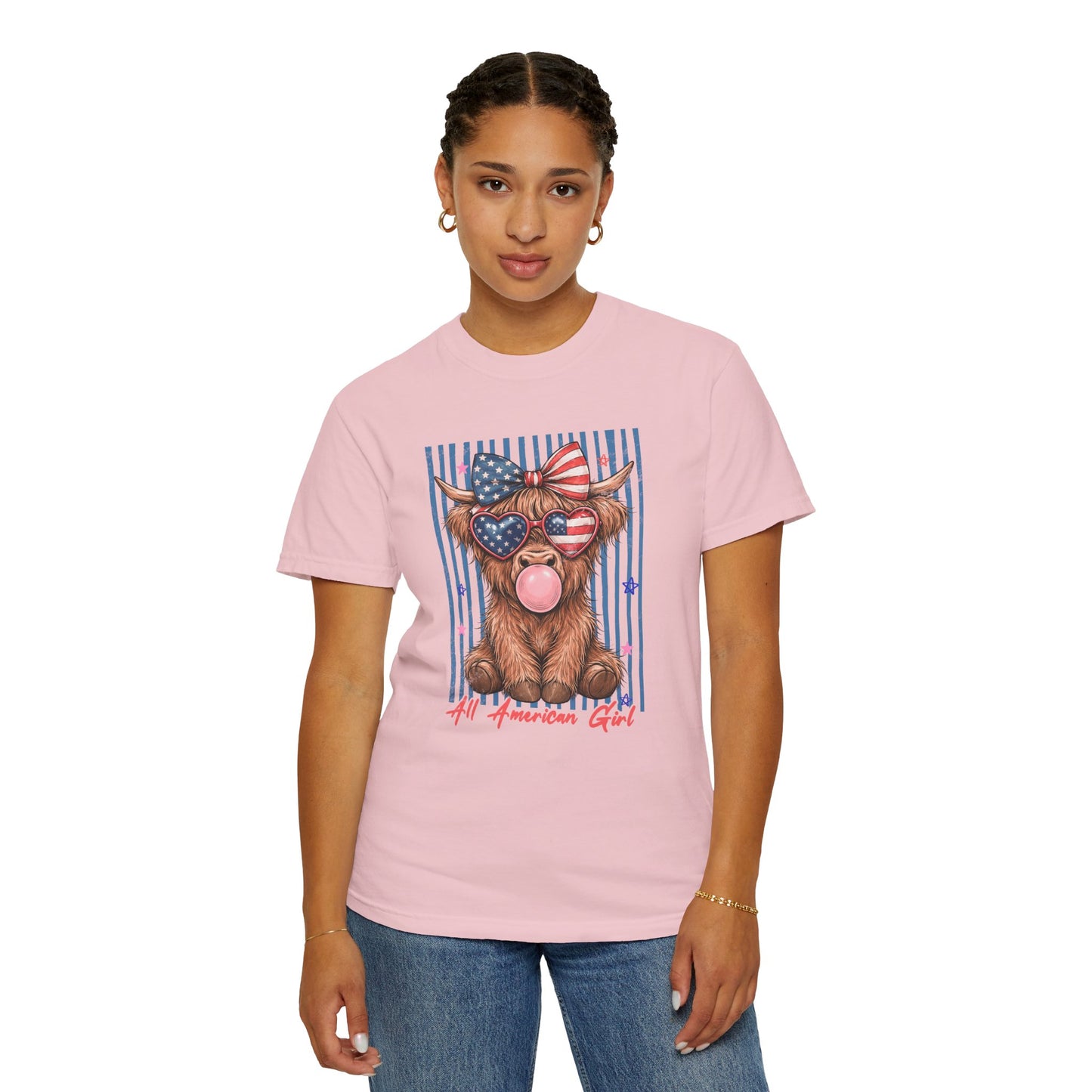 COMFORT COLORS - All American Girl T-Shirt — Patriotic Cow Pup Graphic Tee