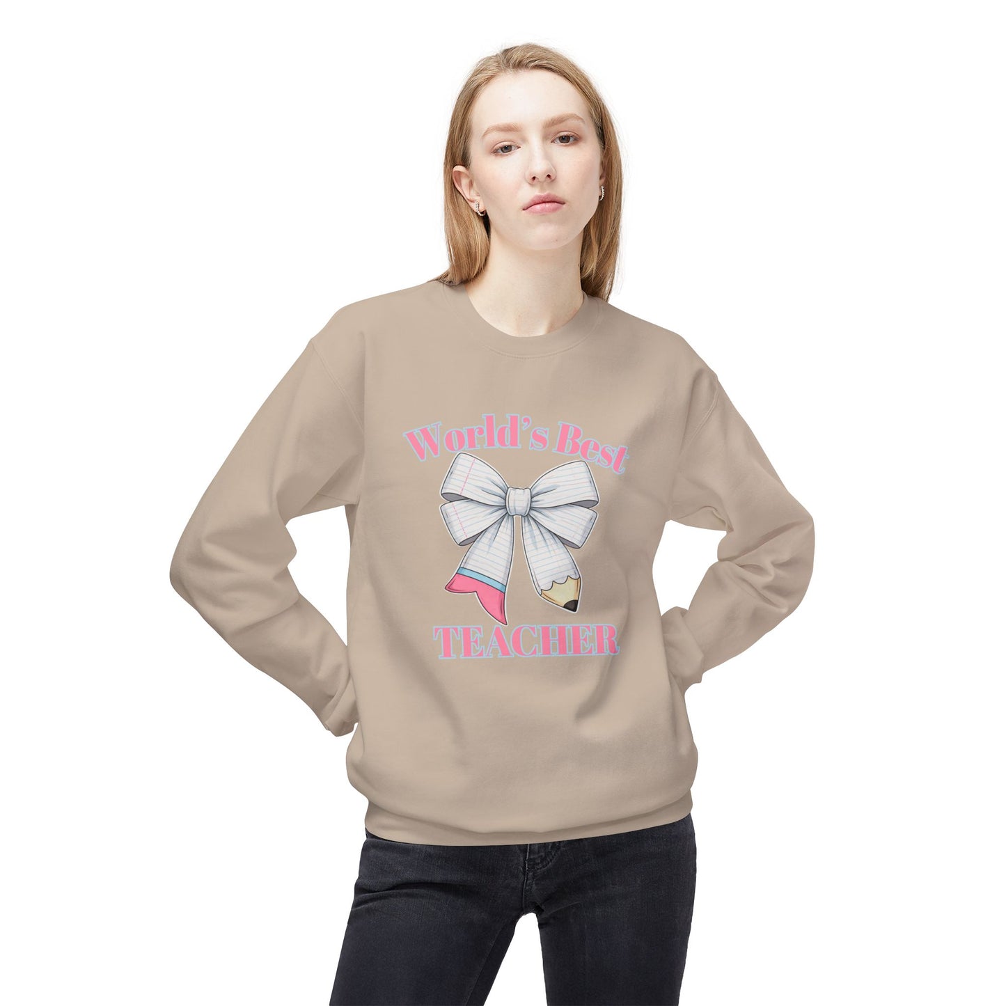 GILDAN -World’s Best Teacher Crewneck Sweatshirt — Bow & Pencil Teacher Gift