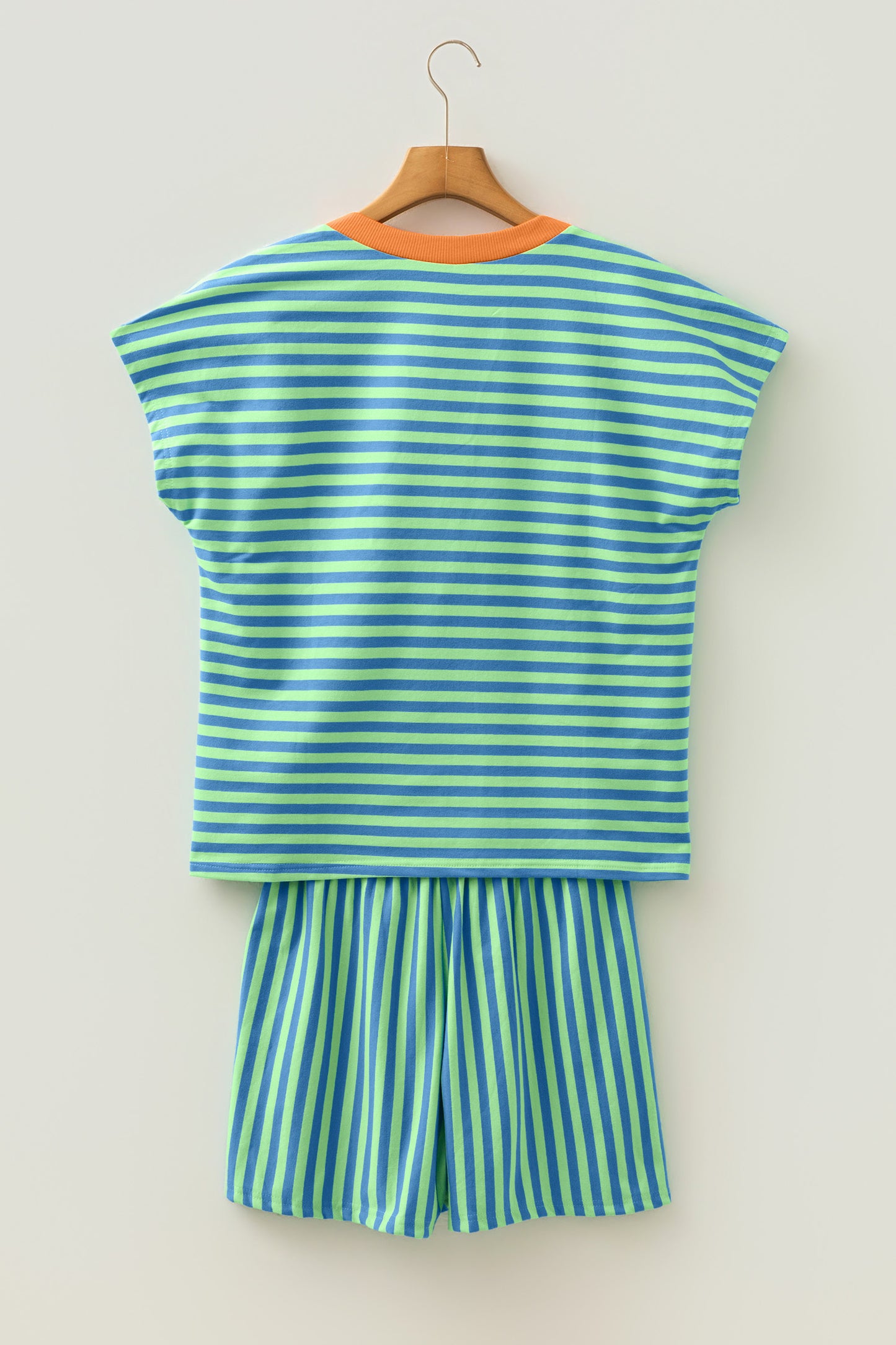 Red Stripe Colorblock Trim V Neck Tee Drawstring Elastic Waist Short Set