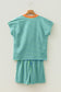 Red Stripe Colorblock Trim V Neck Tee Drawstring Elastic Waist Short Set