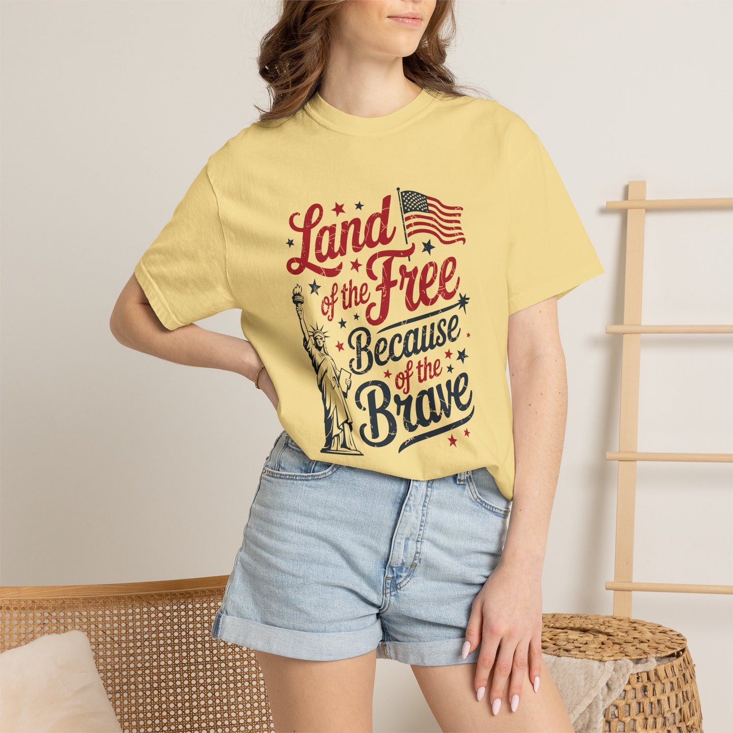 COMFORT COLORS - Land of the Free Because of the Brave T-Shirt — Patriotic Statue of Liberty Graphic Tee