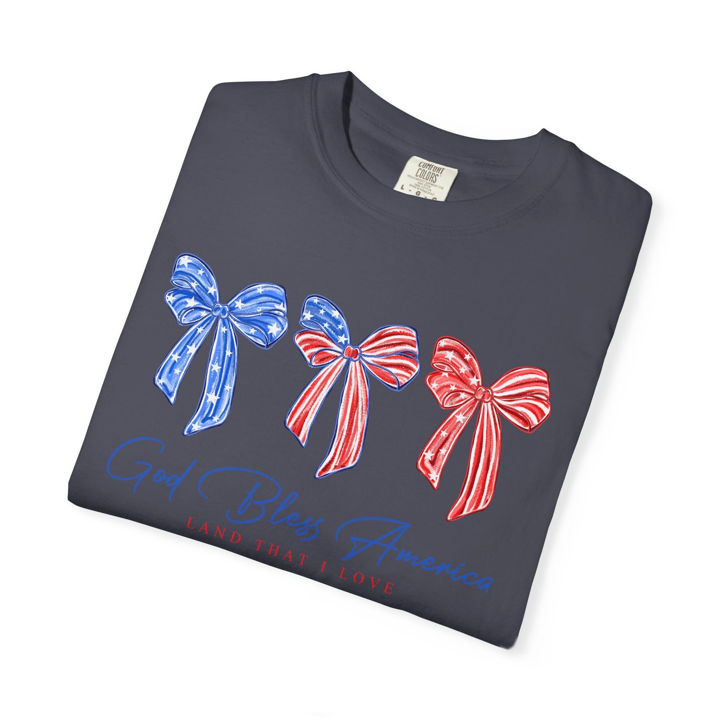 God Bless America Patriotic T-Shirt — Red, White & Blue Bow Design
