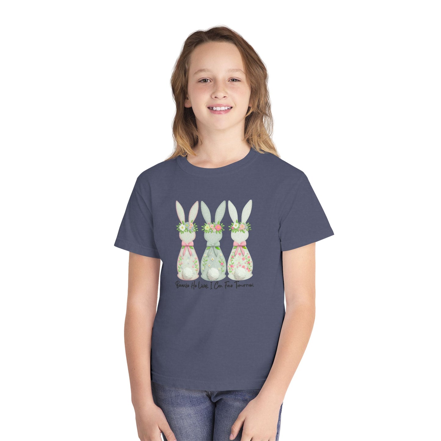 COMFORT COLORS - Easter Floral Bunny Youth Tee — 'Because He Lives'