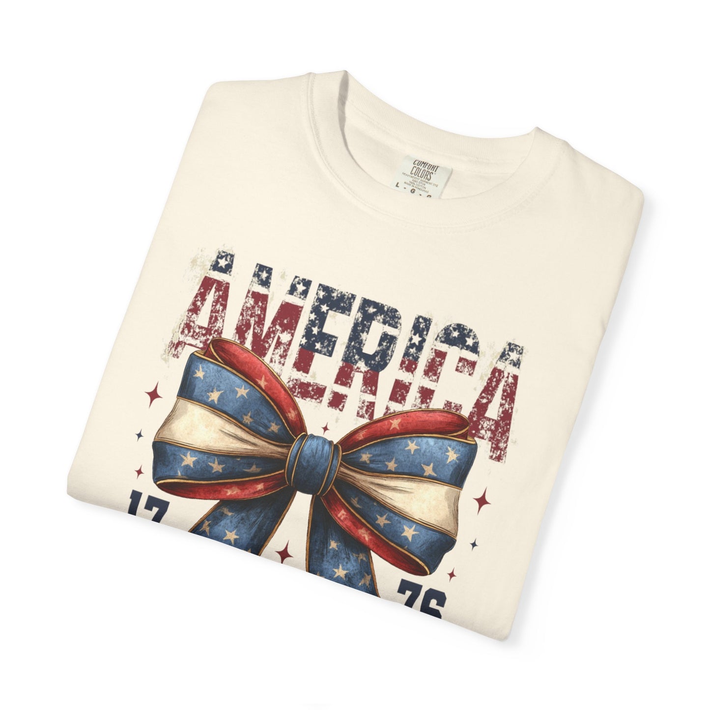 COMFORT OLORS - Patriotic America Bow T-Shirt — "America 1776 Land of the Free" Fourth of July Tee