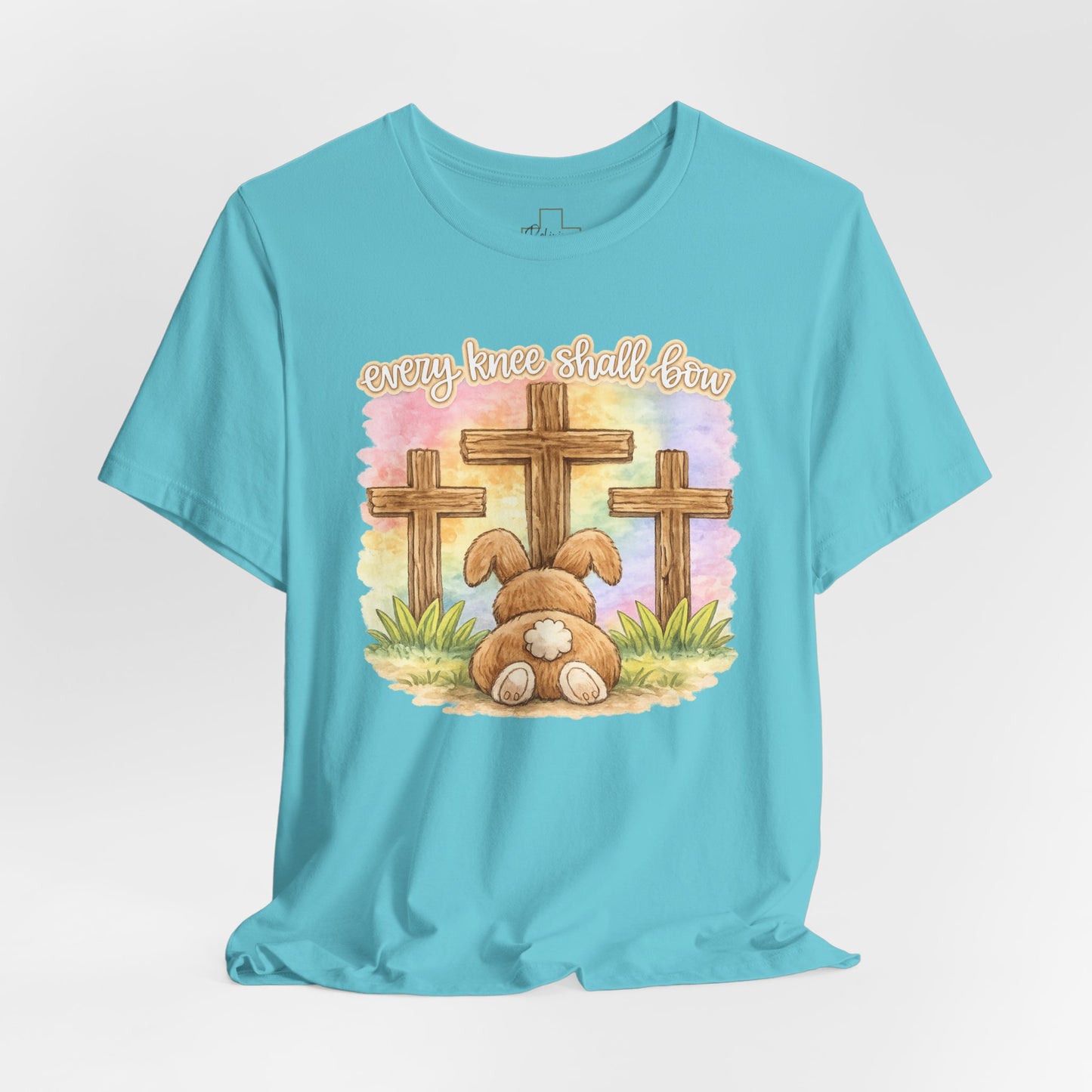 BELLA  CANVAS - Easter Bunny Kneeling at Crosses T‑Shirt — Christian Easter Faith Tee