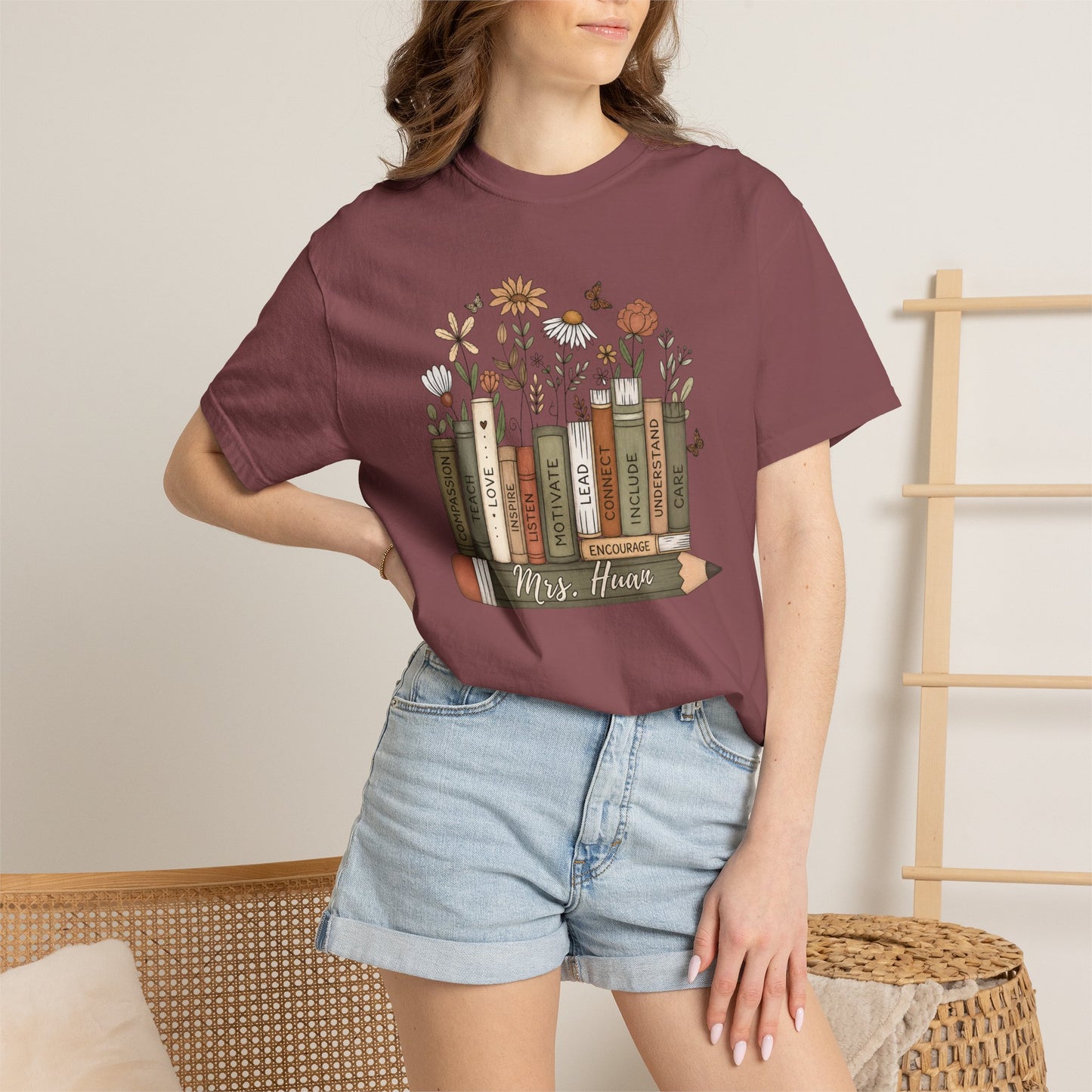 COMFORT COLORS - *** WANT TO PERSONALIZE THIS ?" - DO NOT ORDER THIS, PLEASE EMAIL ME @REFININGFAITHCOMPANY@GMAIL.COM*** Teacher Bookshelf T-Shirt – Personalized “Mrs. Hayes” Pencil & Floral Reading...