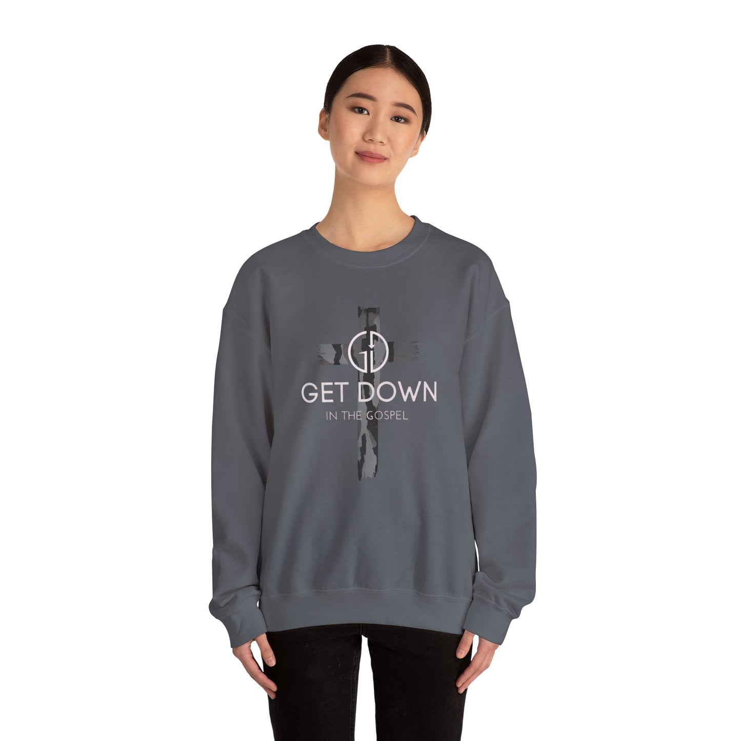 GET DOWN IN THE GOSPEL ADULT SWEATSHIRT GRAY CAMO CROSS